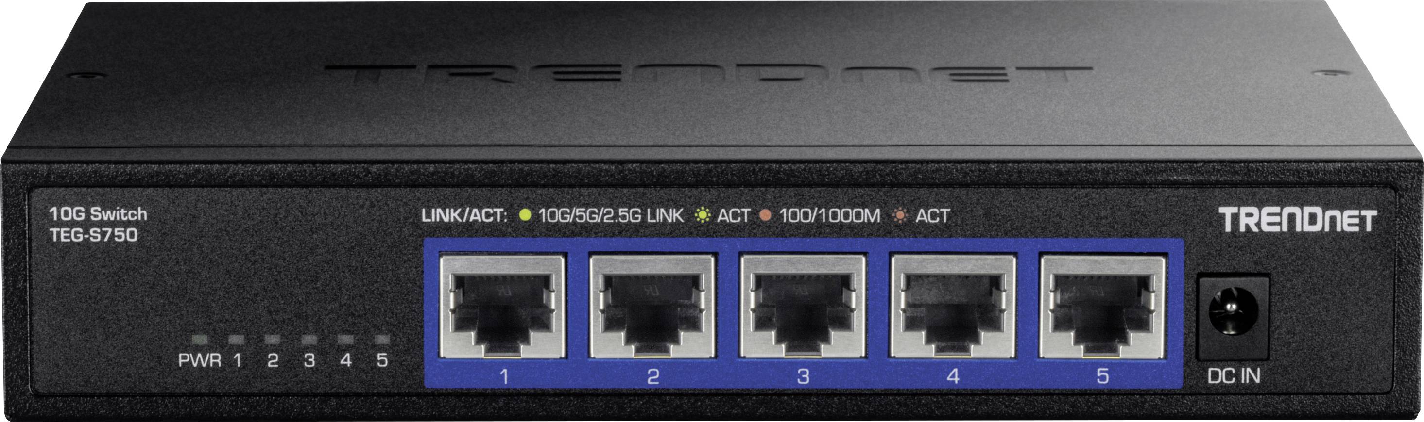 Commutateur 5 ports 10 Gbit avec trois LED à gauche : 'Power', 'System'. Nom du fabricant en haut. Quatre connecteurs de câbles réseau visibles à l'avant.