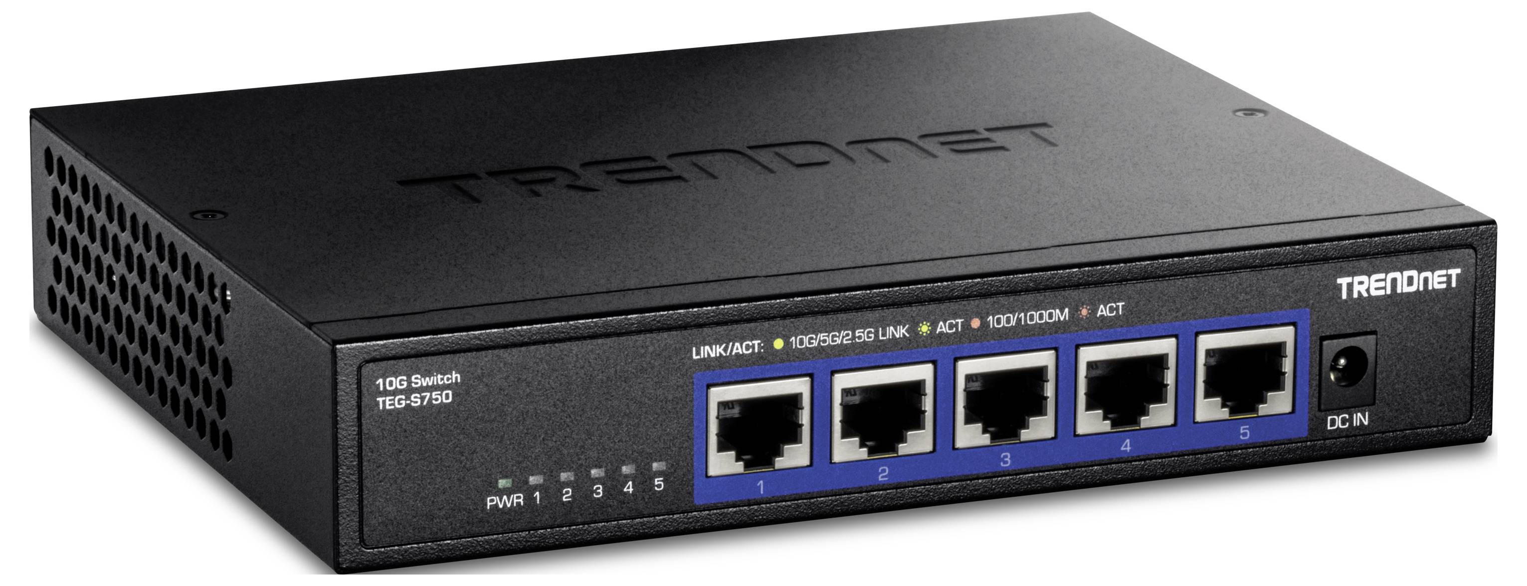 Un commutateur réseau noir avec quatre ports Ethernet et le logo 'TRENDnet'. Numéro de modèle TE100-S5.
