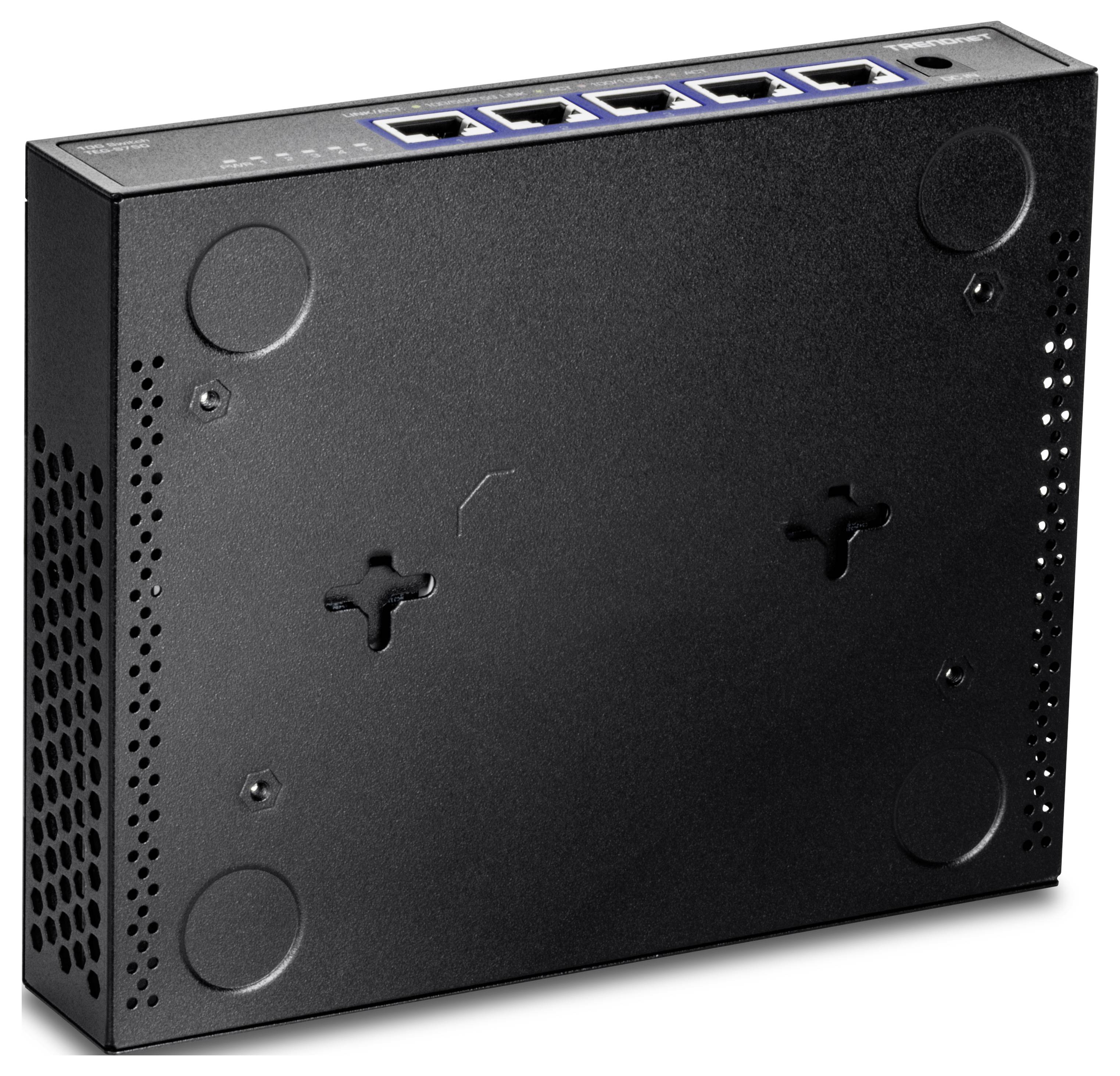 Un commutateur réseau noir avec quatre ports Ethernet et des fentes de ventilation visibles sur le côté.