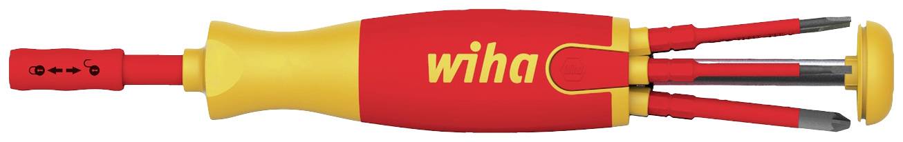 Un tournevis multifonctionnel rouge et jaune, avec plusieurs embouts interchangeables, de la marque Wiha.