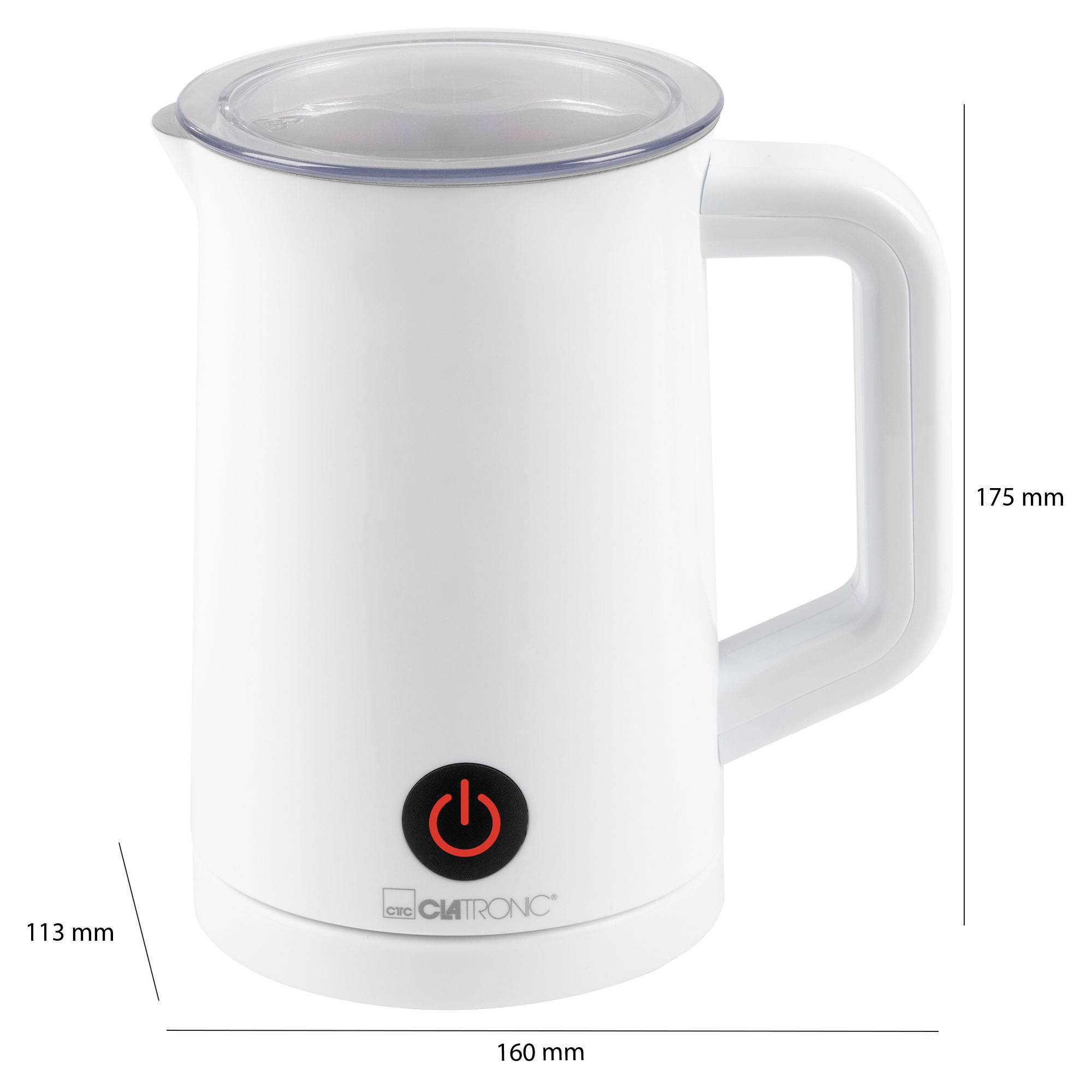 Un mousseur à lait blanc avec un couvercle transparent et un interrupteur marche/arrêt rouge. Hauteur : 175 mm, Largeur : 160 mm, Profondeur : 113 mm.