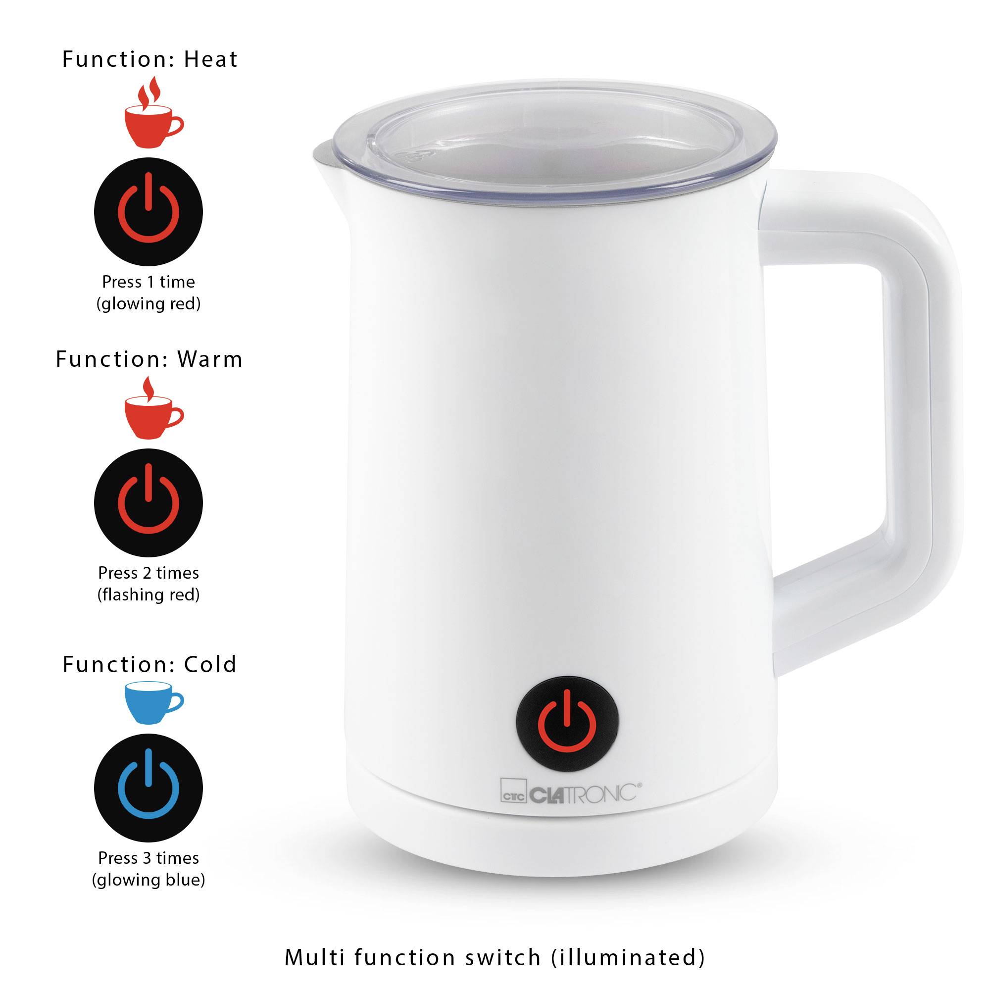 Une bouilloire blanche avec un interrupteur multifonctionnel éclairé. Fonctions : Chauffe (rouge), Maintien au chaud (rouge clignotant), Froid (bleu).