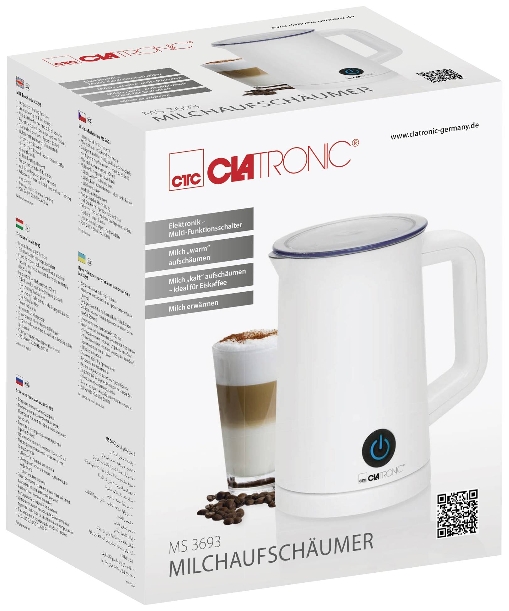 Emballage d'un mousseur à lait électrique avec une image de l'appareil et d'un latte macchiato. Les détails du produit et le logo de la marque sont représentés.
