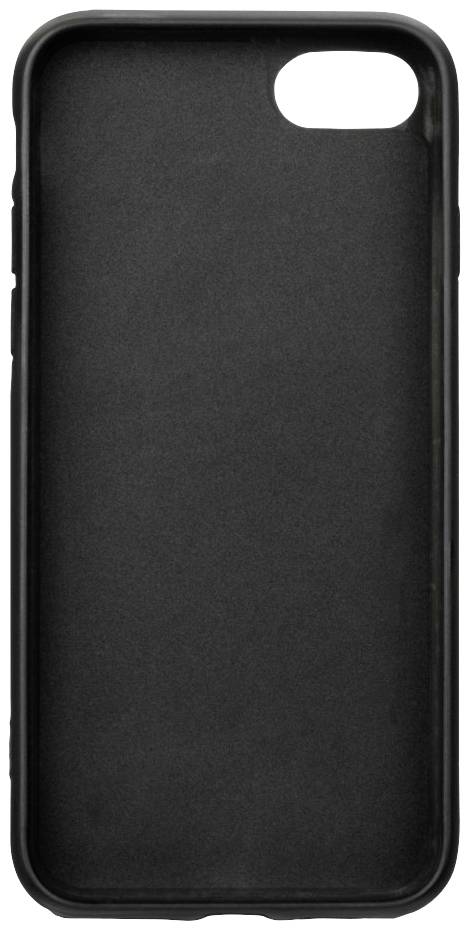 Une coque noire pour smartphone, orientée verticalement, avec une découpe pour l'appareil photo en haut à droite.