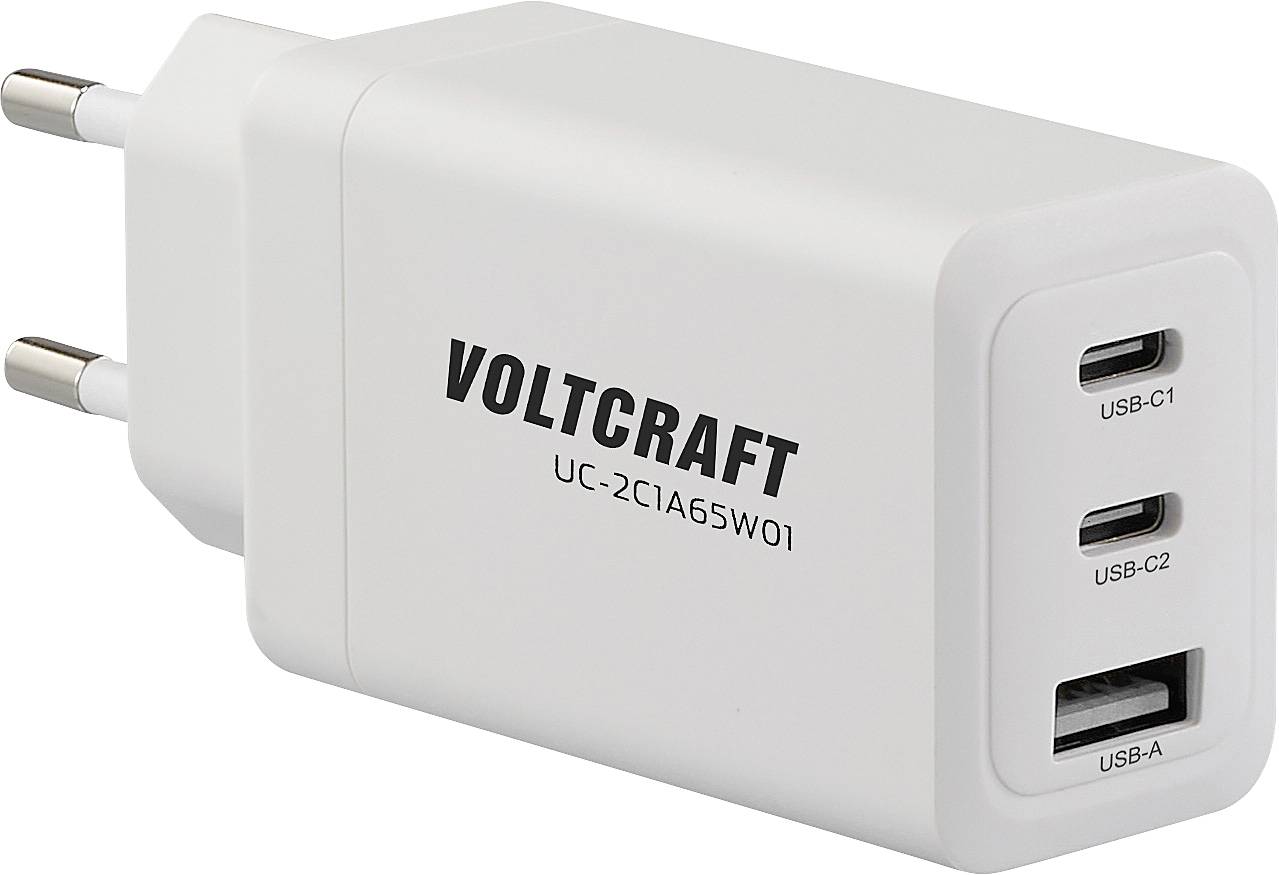 VOLTCRAFT UC-2C1A65W01 Chargeur USB 65 W 1x USB-A, 2x USB-C® Fast Charge, Power Delivery 3.0 blanc intérieure GaN