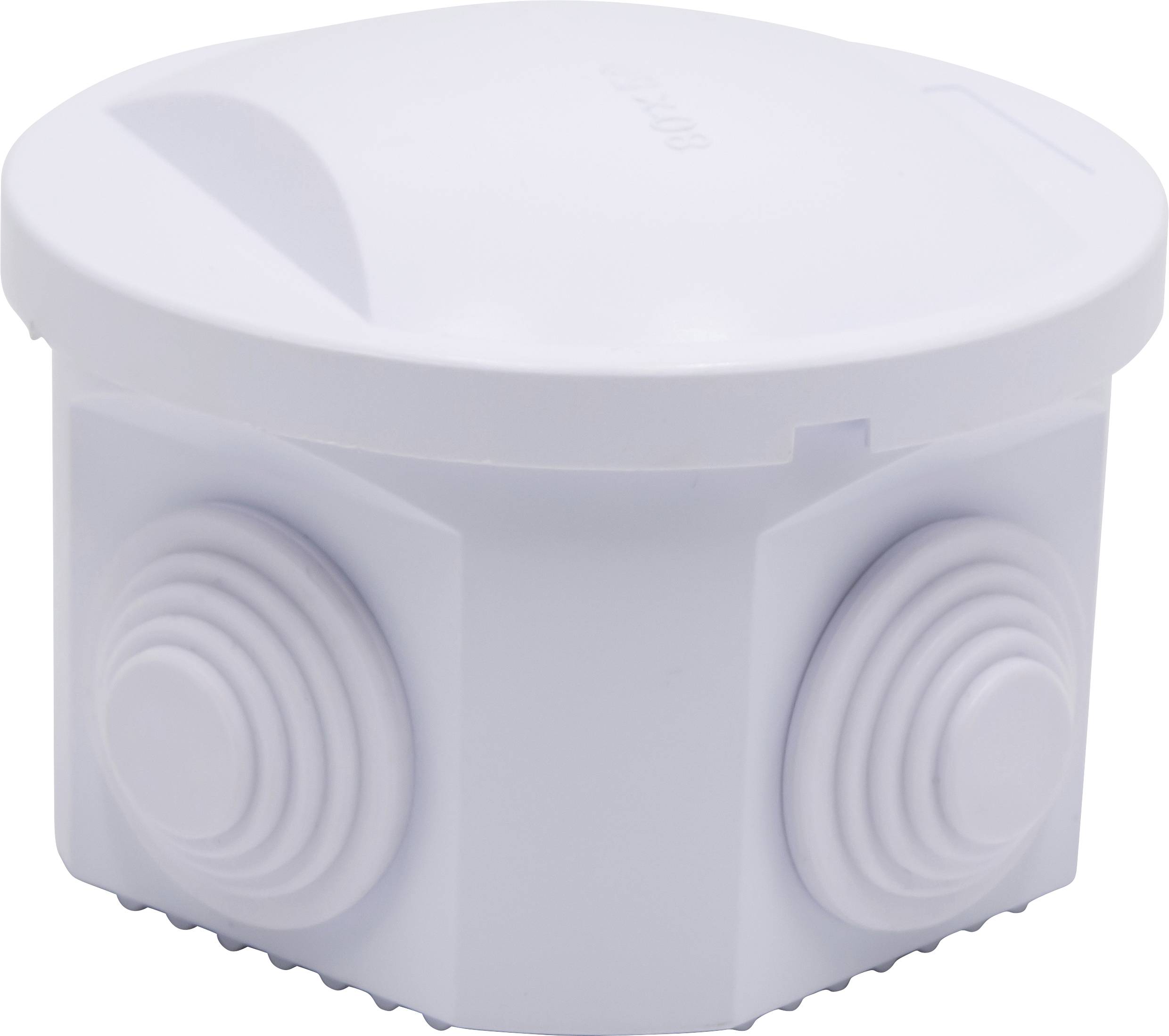 Boîte en plastique blanc, ronde, avec plusieurs détails ondulés circulaires sur les côtés.
