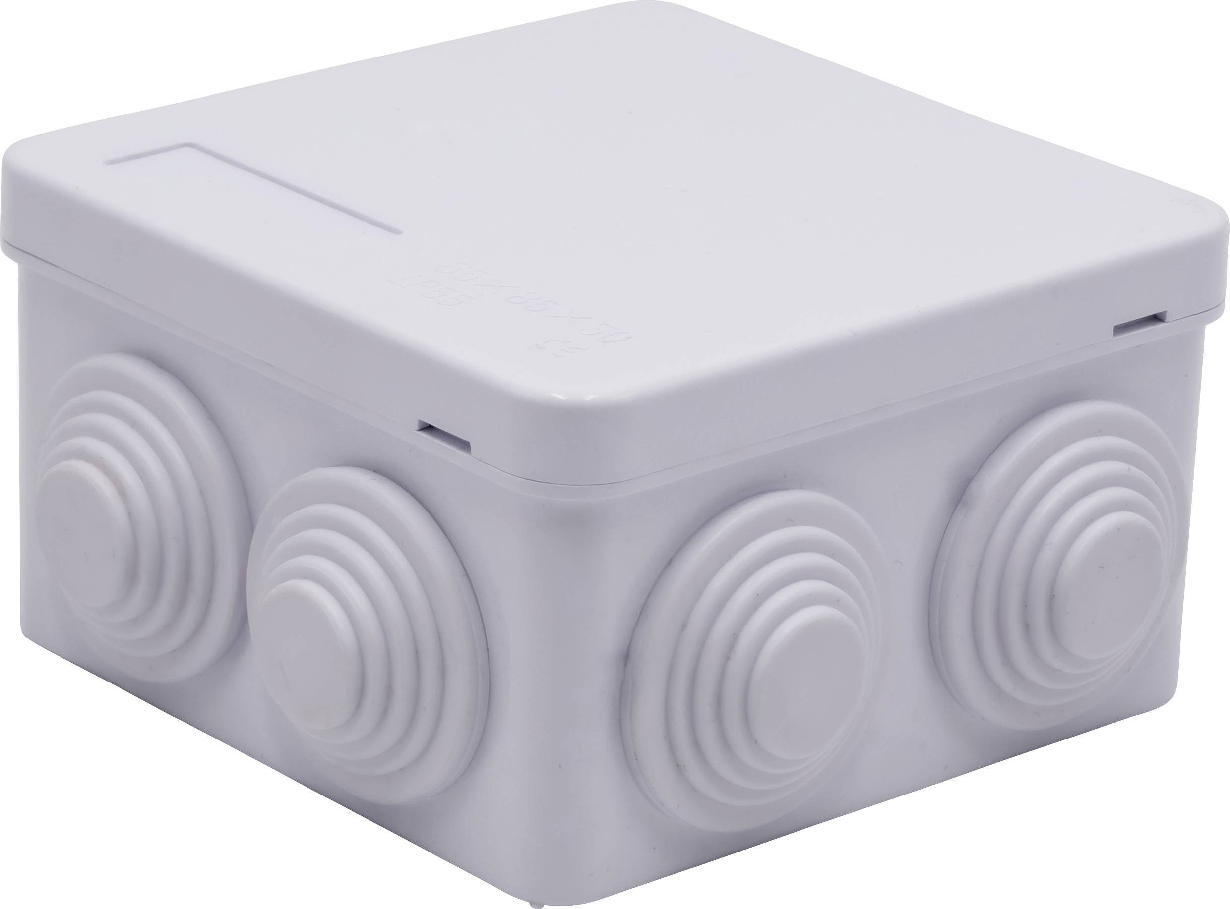 Boîte en plastique blanc avec plusieurs reliefs circulaires sur les côtés, probablement un boîtier de raccordement ou un boîtier de distribution.