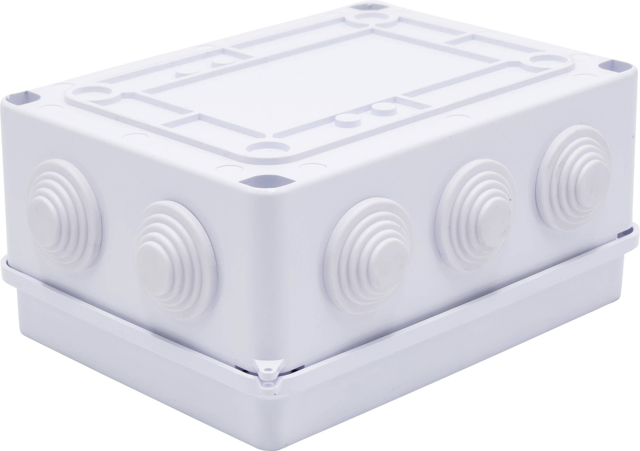 Boîte de connexion électrique en plastique avec plusieurs passages de câbles circulaires, adaptée au câblage et à la protection des connexions.