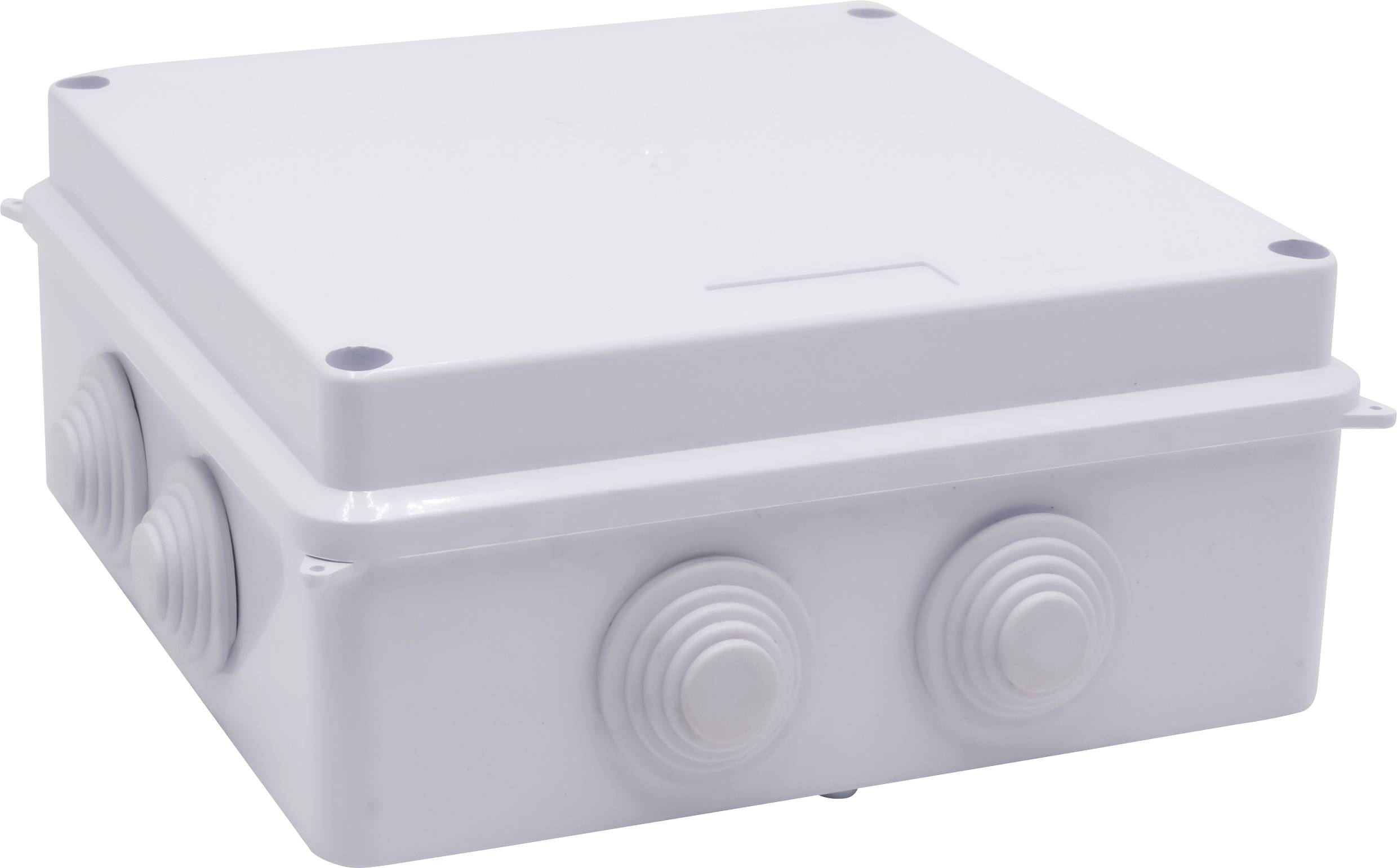 Boîte de raccordement électrique blanche avec plusieurs presse-étoupes sur les côtés, adaptée pour sécuriser les connexions électriques.