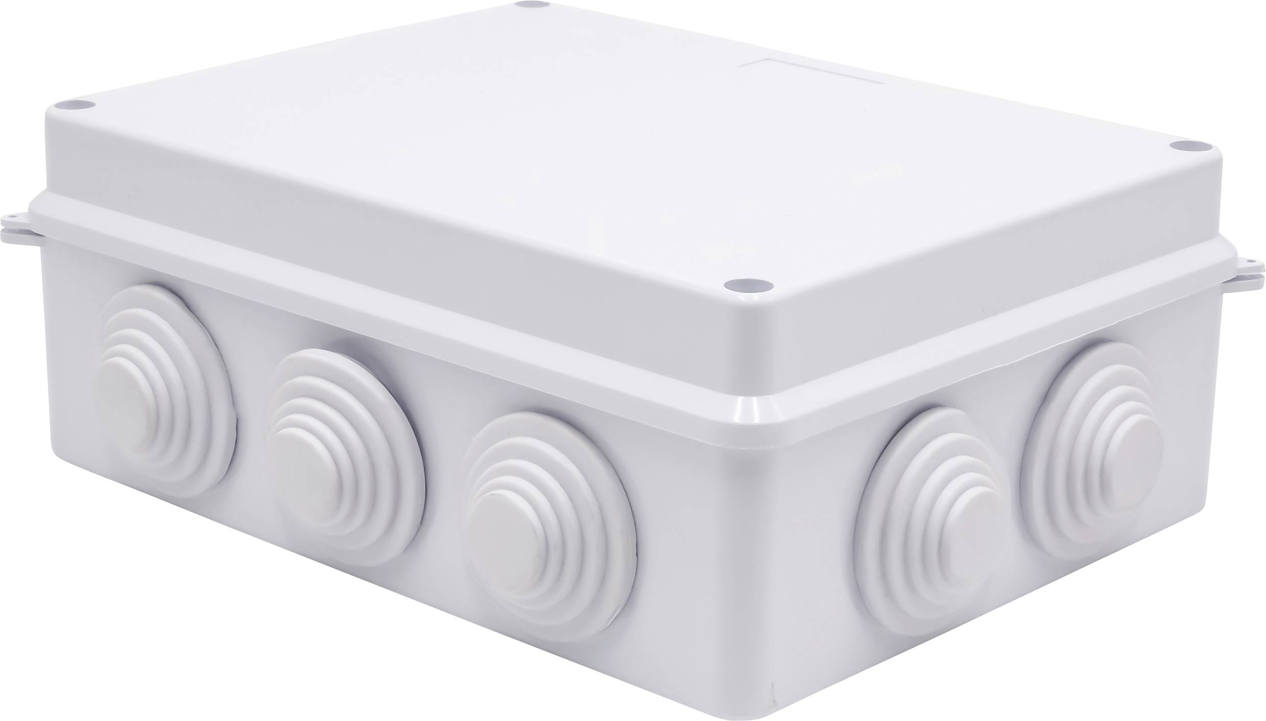 Boîte en plastique blanche rectangulaire avec des motifs en relief circulaires sur les côtés.