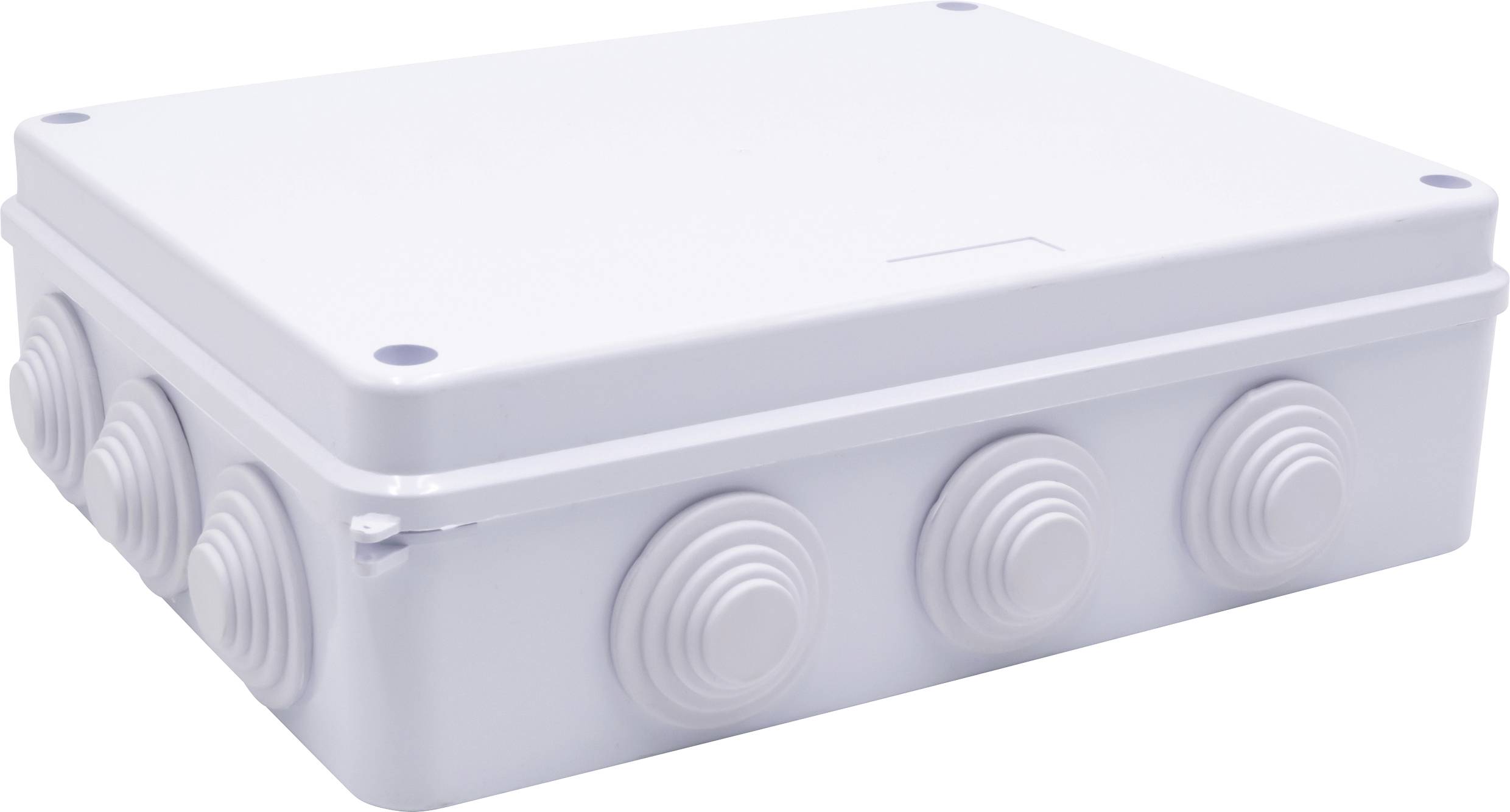 Boîte de connexion électrique blanche avec huit passages de câbles ronds sur les côtés, placée sur une surface blanche.