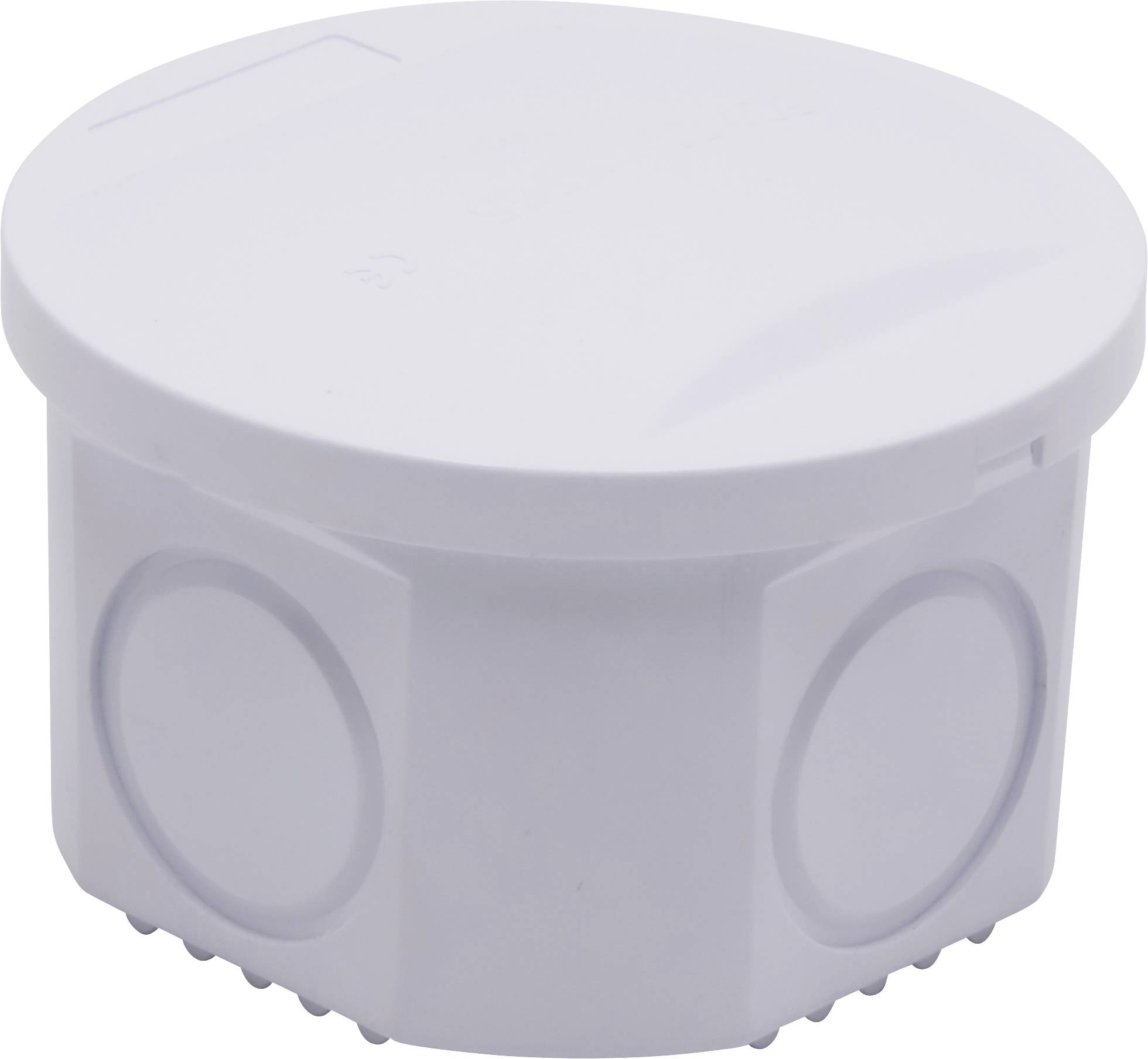 Boîte en plastique blanc, ronde, avec un couvercle amovible et plusieurs découpes circulaires sur les côtés, utilisée pour les installations électriques.