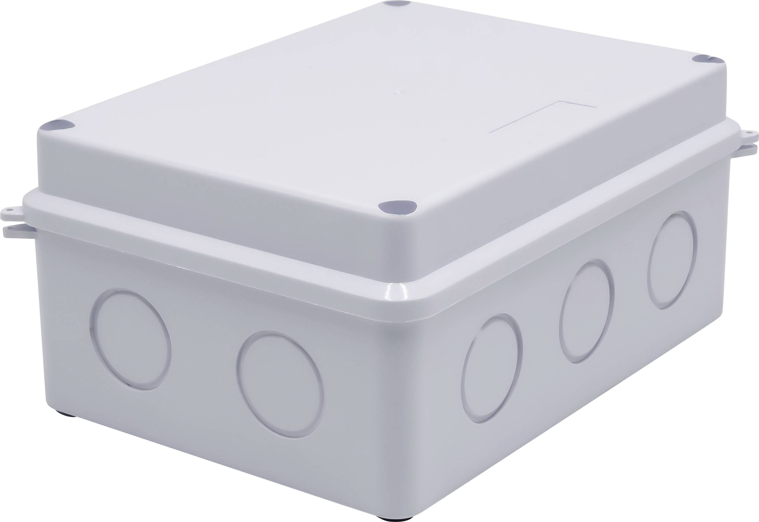 Boîte rectangulaire grise en plastique avec couvercle amovible, présentant des repères circulaires sur les côtés pour le passage des câbles.