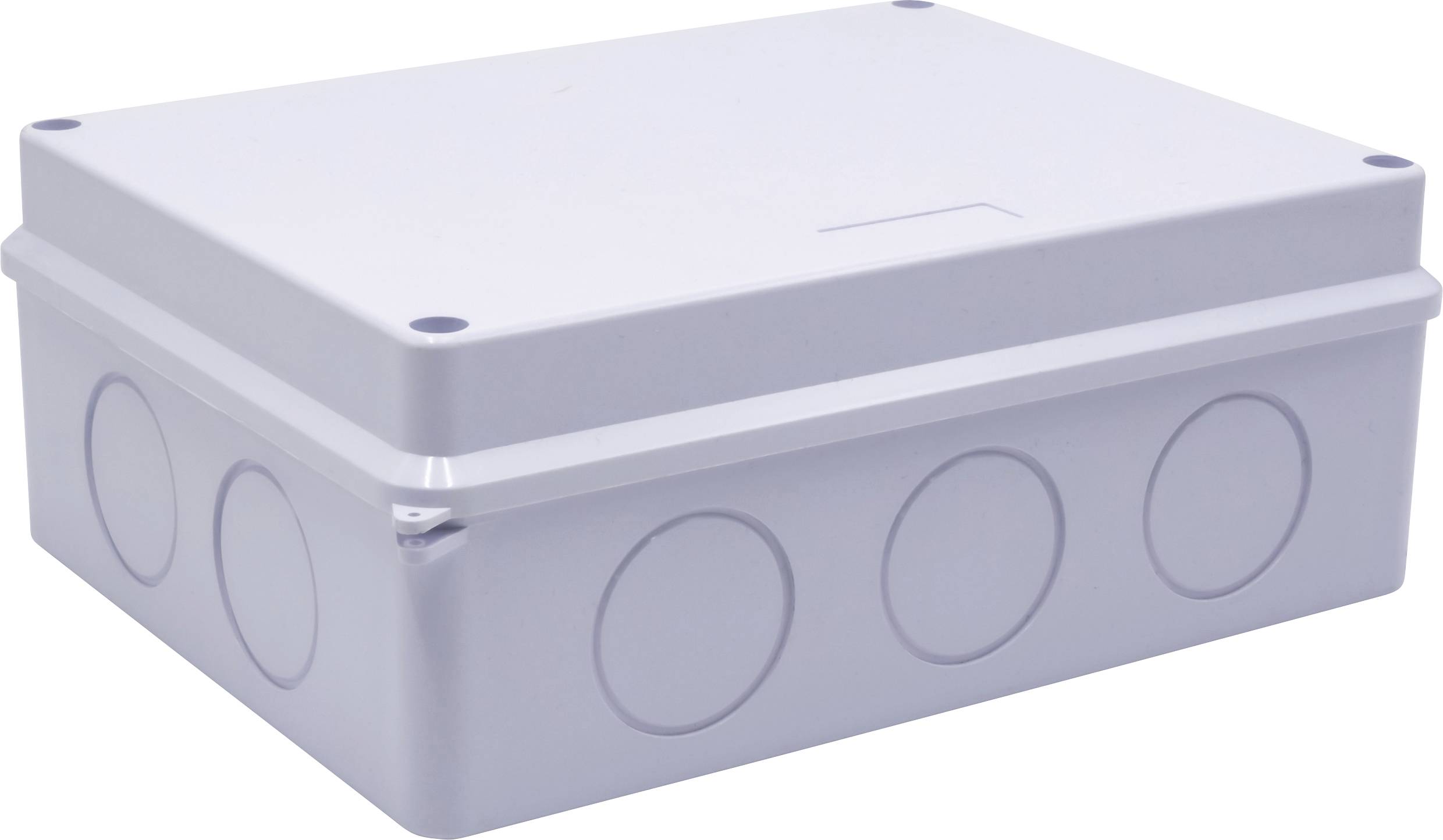 Un boîtier électronique gris rectangulaire. Il présente des ouvertures pré-découpées sur les côtés pour le passage des câbles.