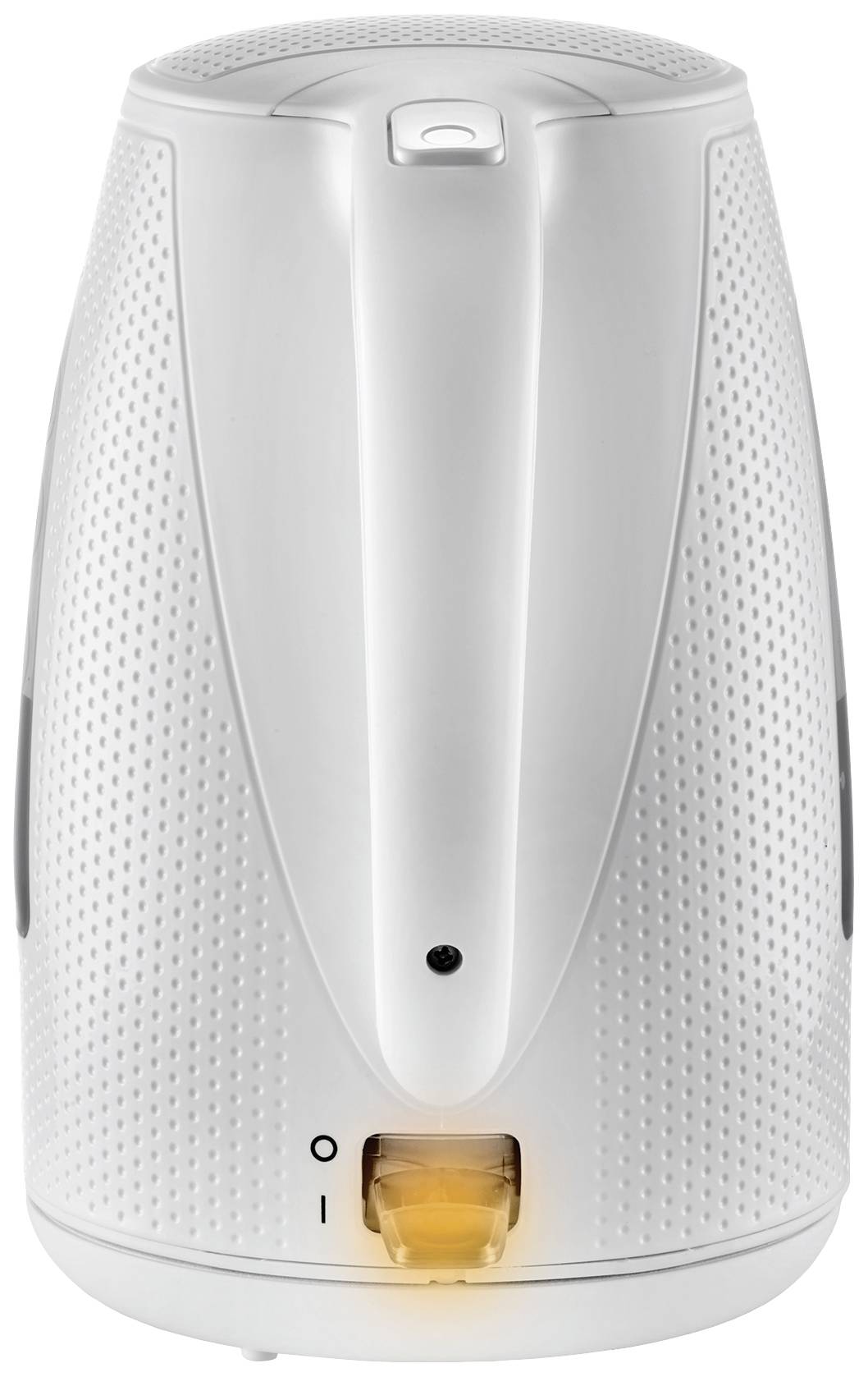 Nettoyeur vapeur électrique blanc avec poignée, vu de côté. Un interrupteur avec voyant orange indique l'état de fonctionnement.