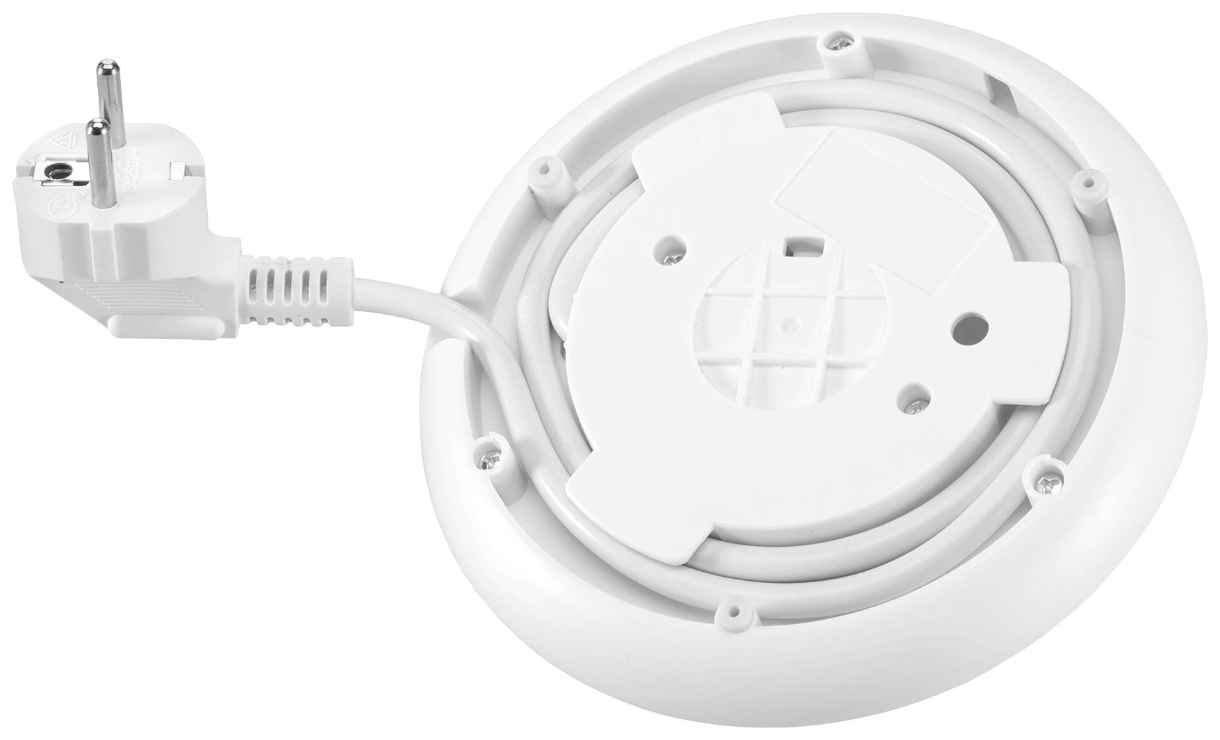 Appareil électrique blanc et rond avec un câble et une prise. Le câble est enroulé autour de l'appareil.
