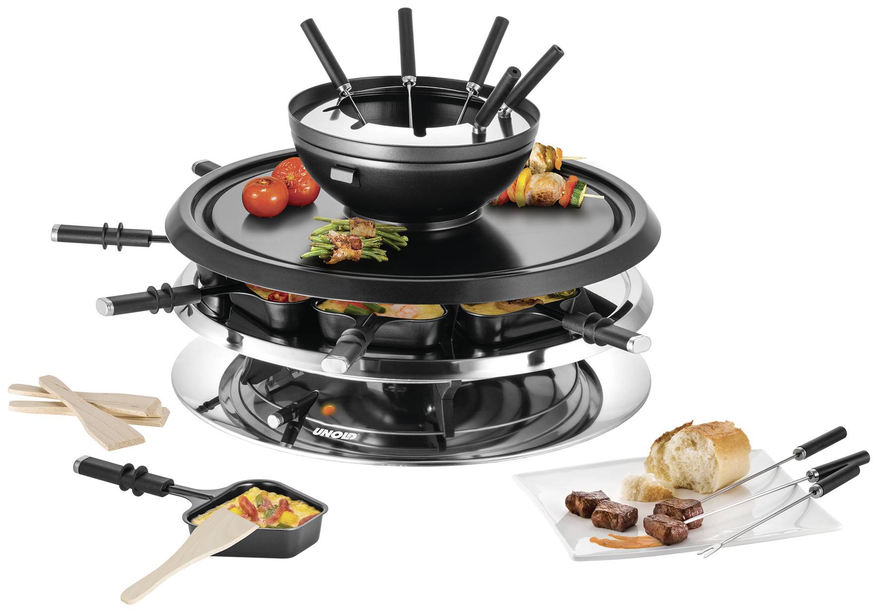 Unold Appareil à raclette 8 fourchettes à fondue, 8 poêlons, revêtement anti-adhésif, réglage de la température en continu acier