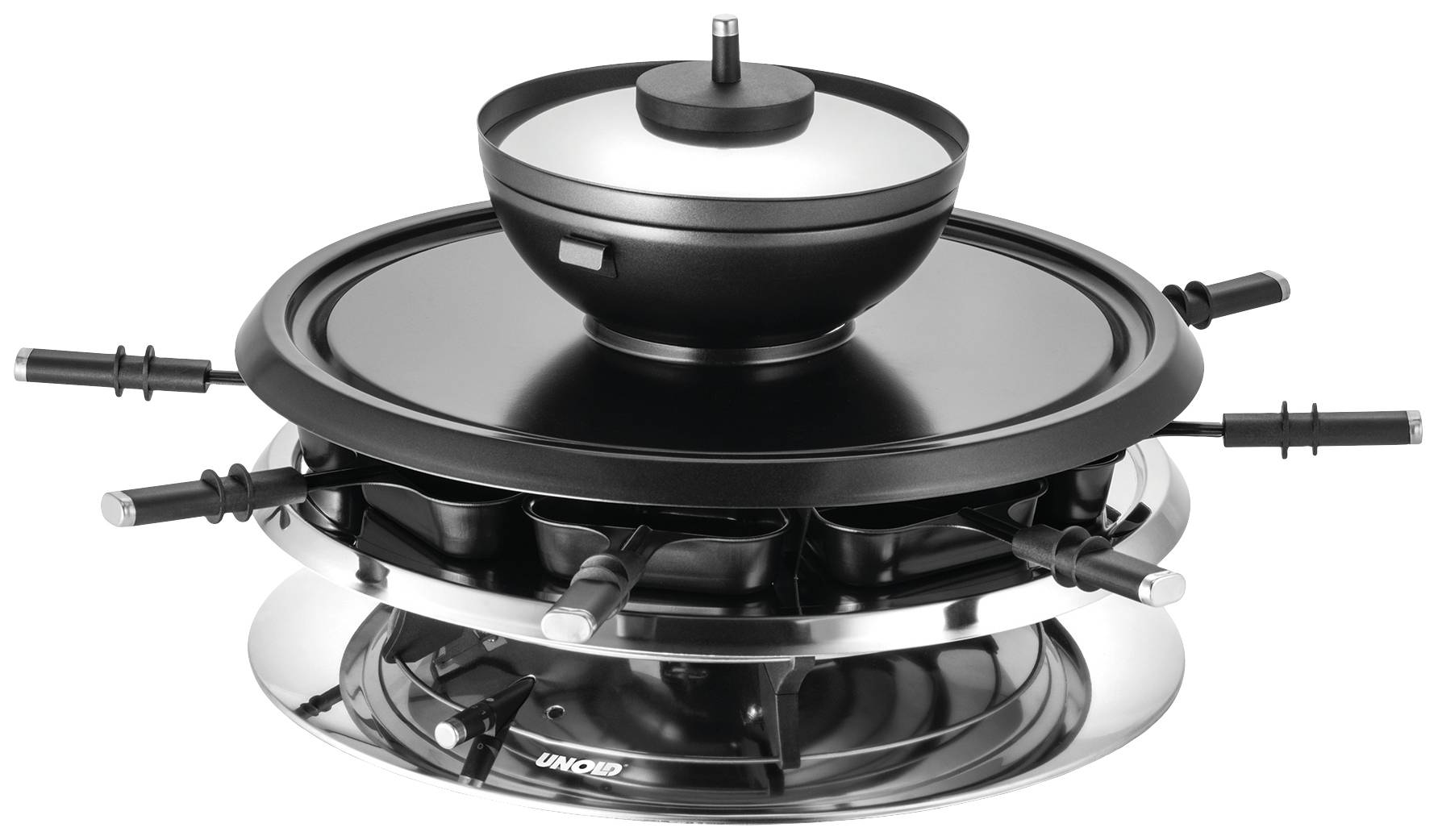 Unold Appareil à raclette 8 fourchettes à fondue, 8 poêlons, revêtement anti-adhésif, réglage de la température en continu acier
