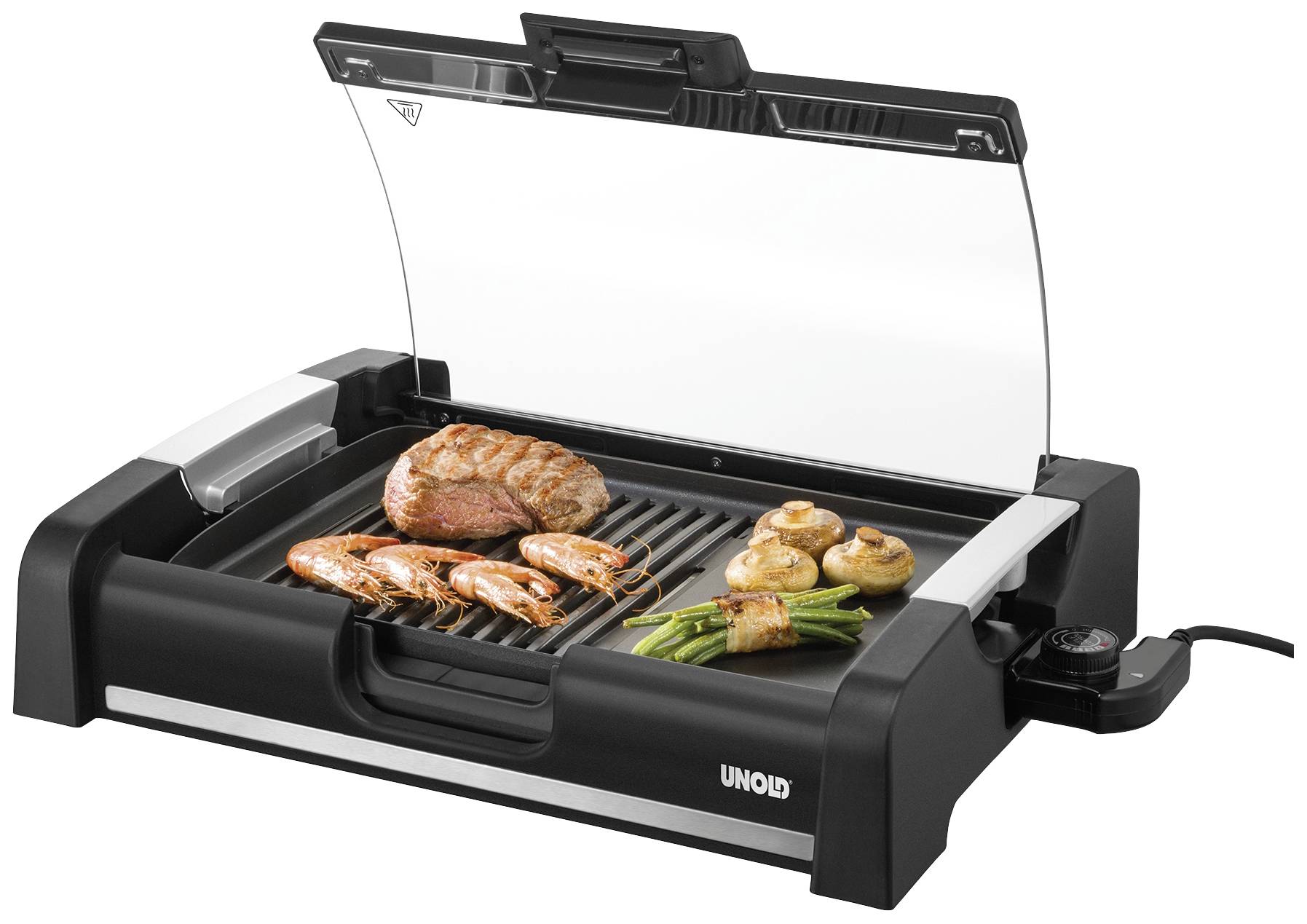 Un grill de table électrique avec une vitre ouverte. Sur le grill se trouvent un morceau de viande, des crevettes, des haricots verts et des champignons.