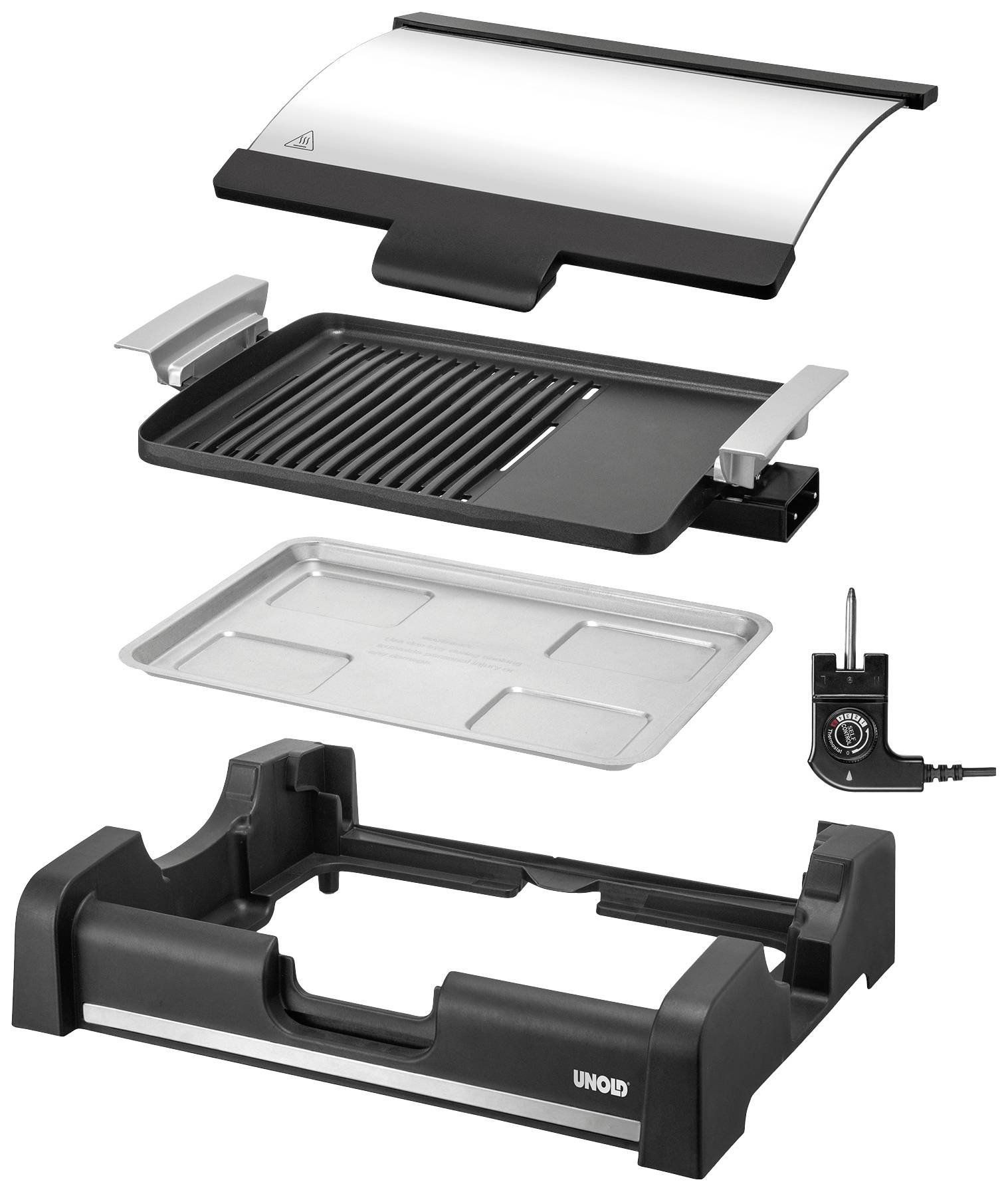 Grill à contact démontable avec plaque de grill amovible, bac de récupération des graisses, boîtier et régulateur de température. Idéal pour griller et rôtir.