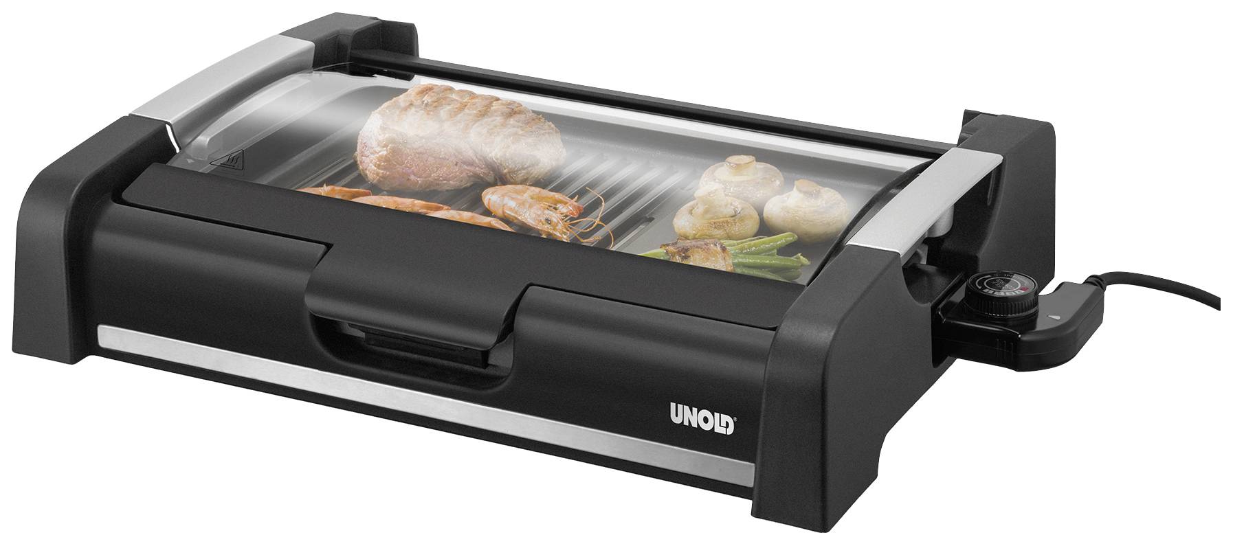 Un grill de table avec différents aliments, dont de la viande, des crevettes et des légumes, sur une plaque de cuisson en verre.