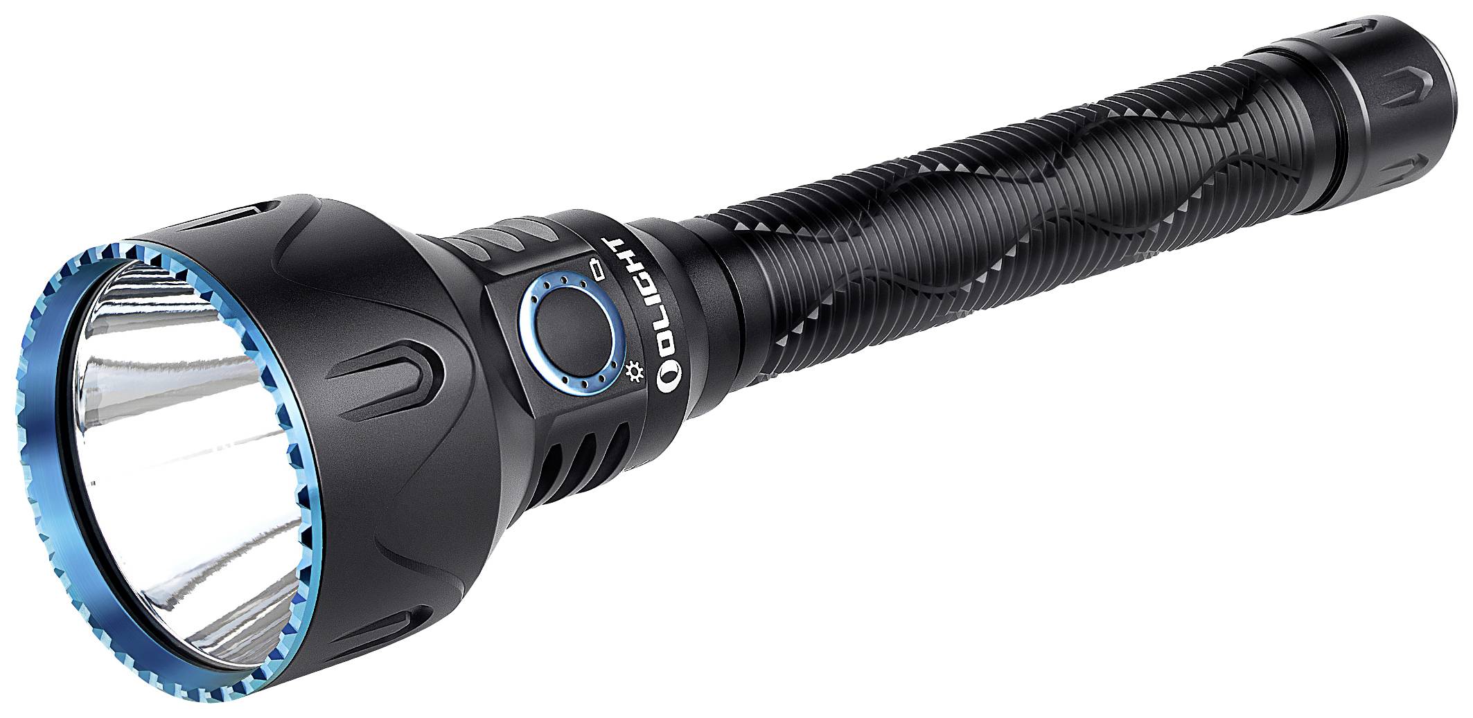Une lampe de poche noir et bleu avec une poignée texturée et une large tête lumineuse. Elle est conçue de manière allongée et robuste.