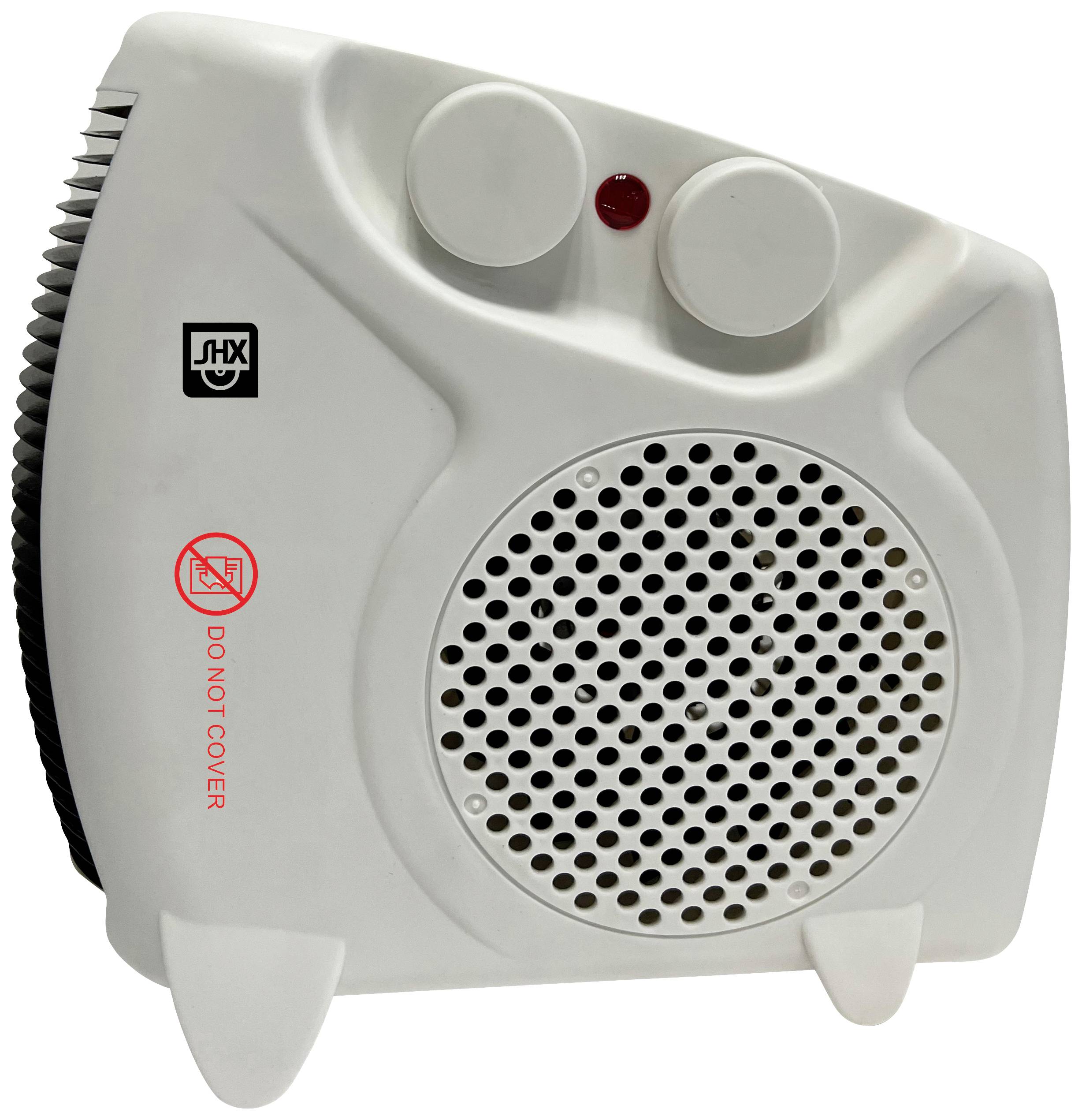 Un ventilateur chauffant portable blanc avec deux boutons de commande en haut et une grille à l'avant. Un avertissement « NE PAS COUVRIR » est visible.