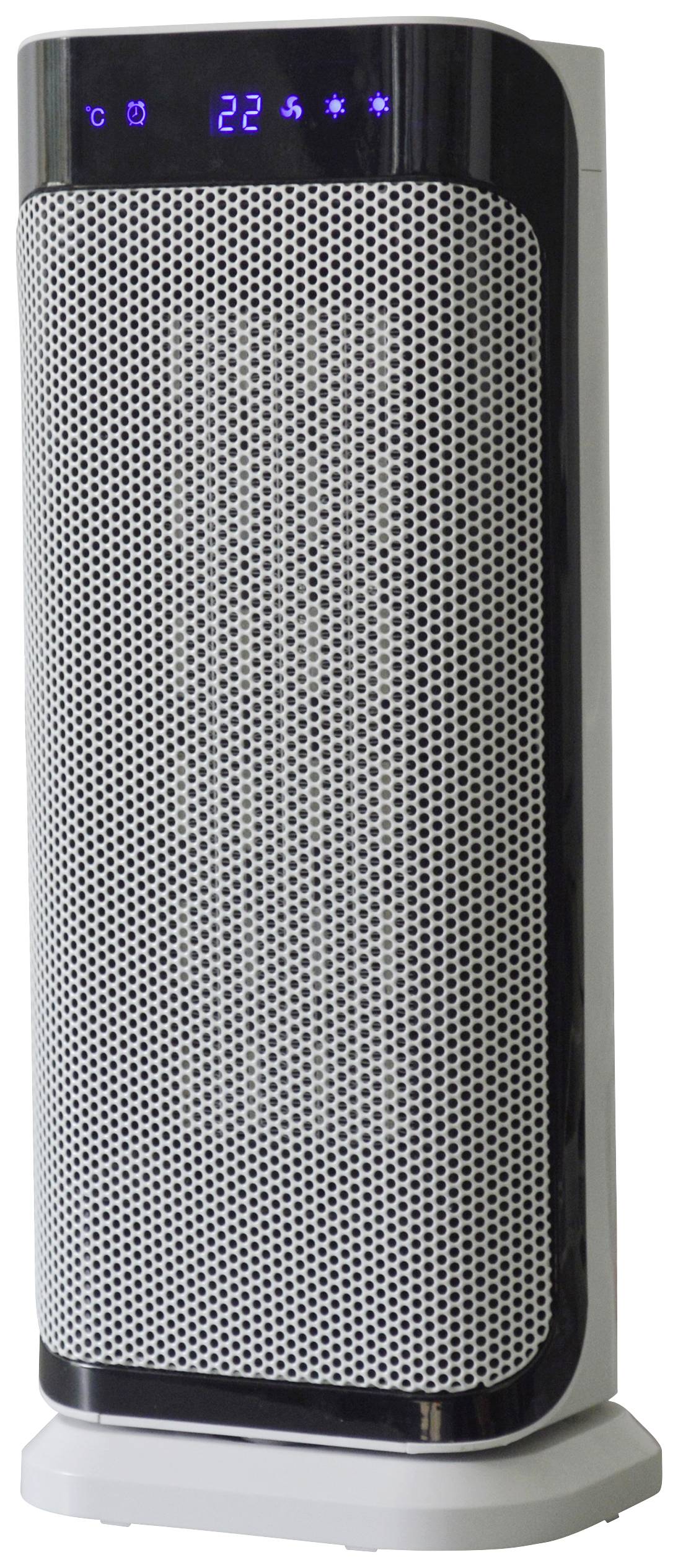 Un radiateur soufflant blanc avec affichage numérique et indicateur de température, affichant 22 degrés Celsius, entouré d'une grille grise.