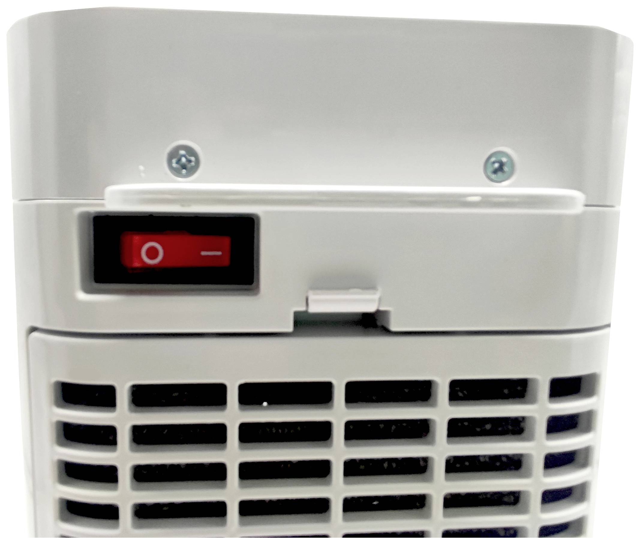 Gros plan sur l'interrupteur d'un purificateur d'air. L'interrupteur marche/arrêt rouge est situé en haut à gauche. Des fentes de ventilation sont visibles en bas.