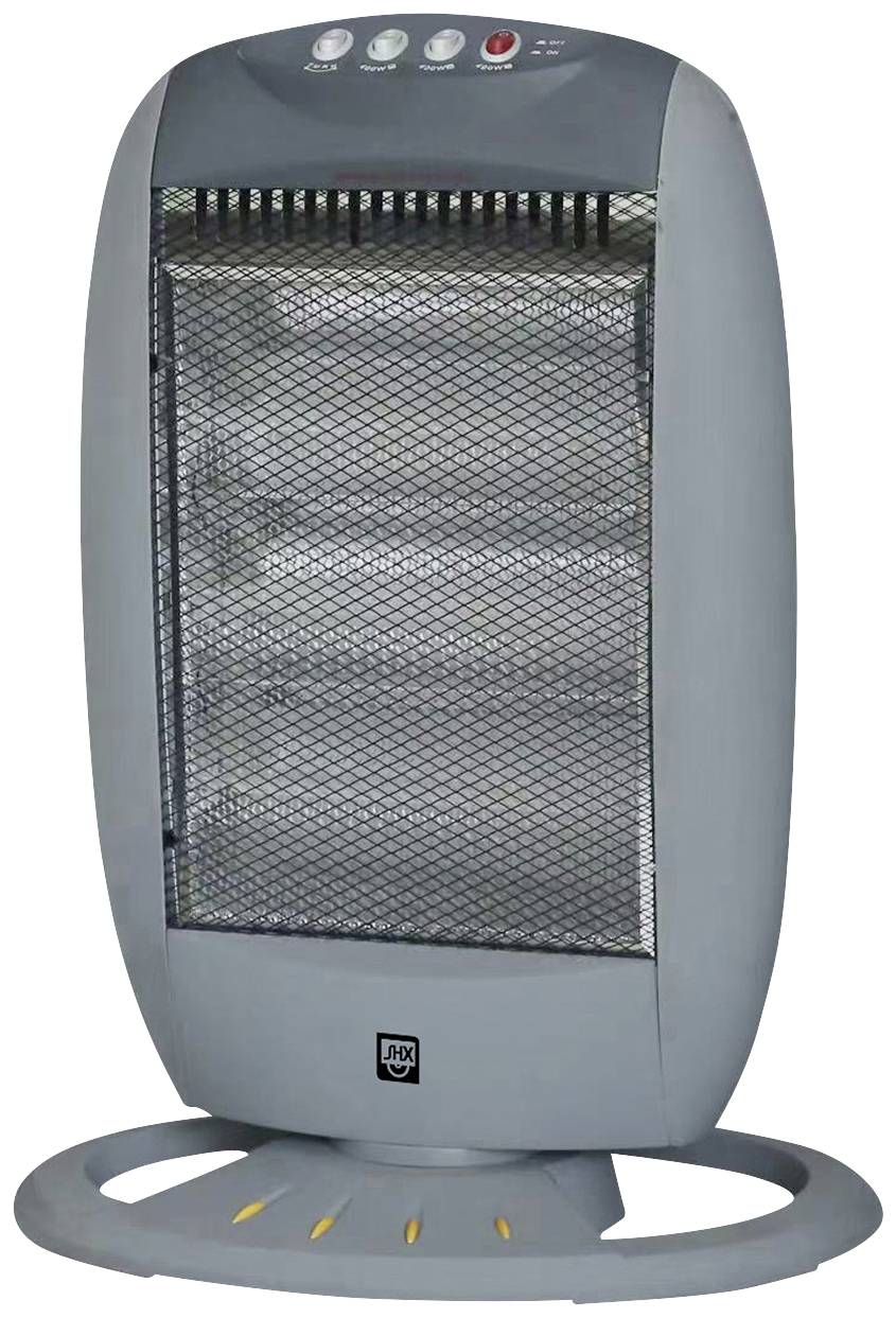 Radiateur électrique gris avec grille noire et plusieurs commandes en haut.