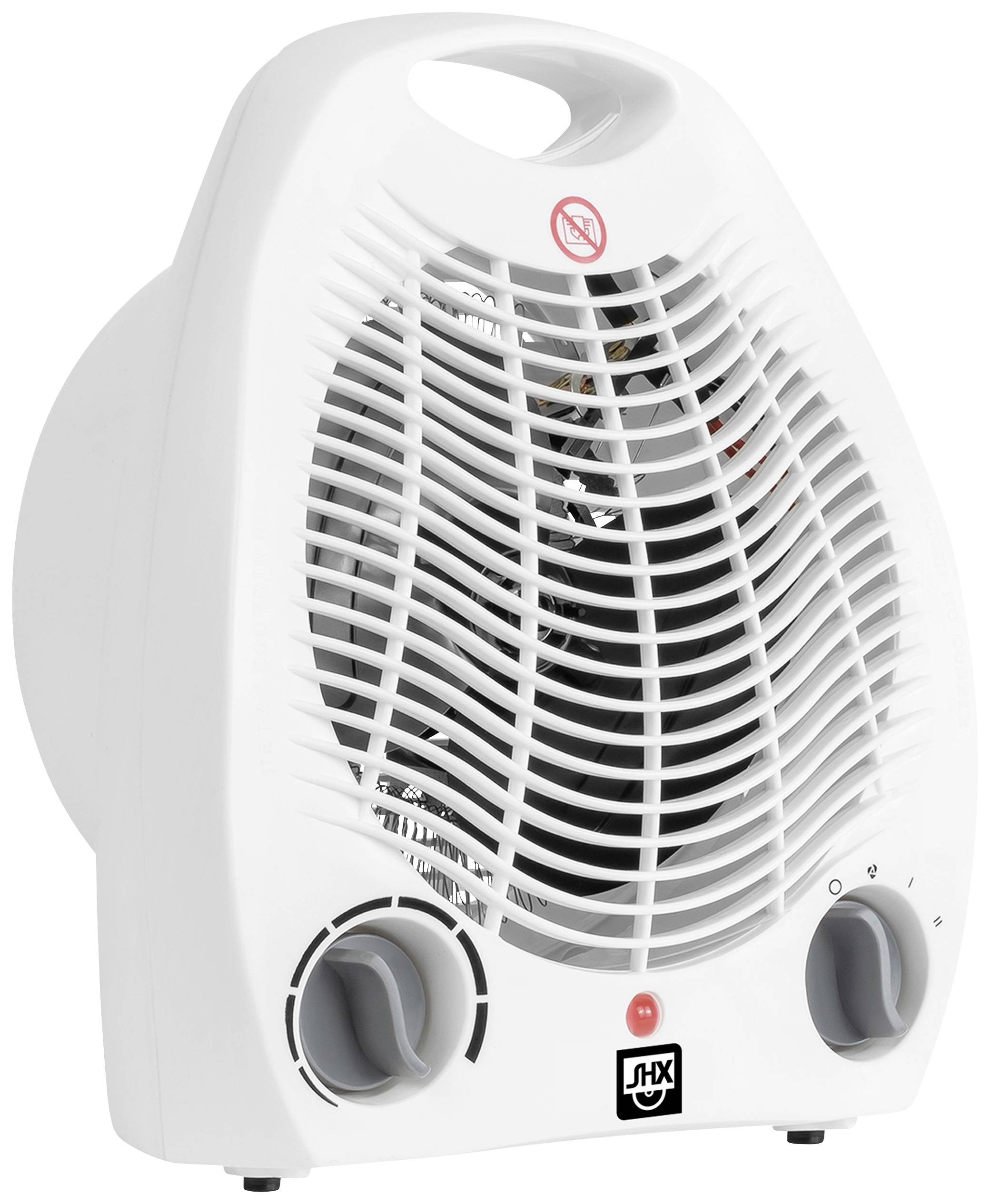 Un radiateur électrique blanc avec deux boutons rotatifs et une poignée en haut. La grille d'aération à l'avant permet de voir l'intérieur de l'appareil.