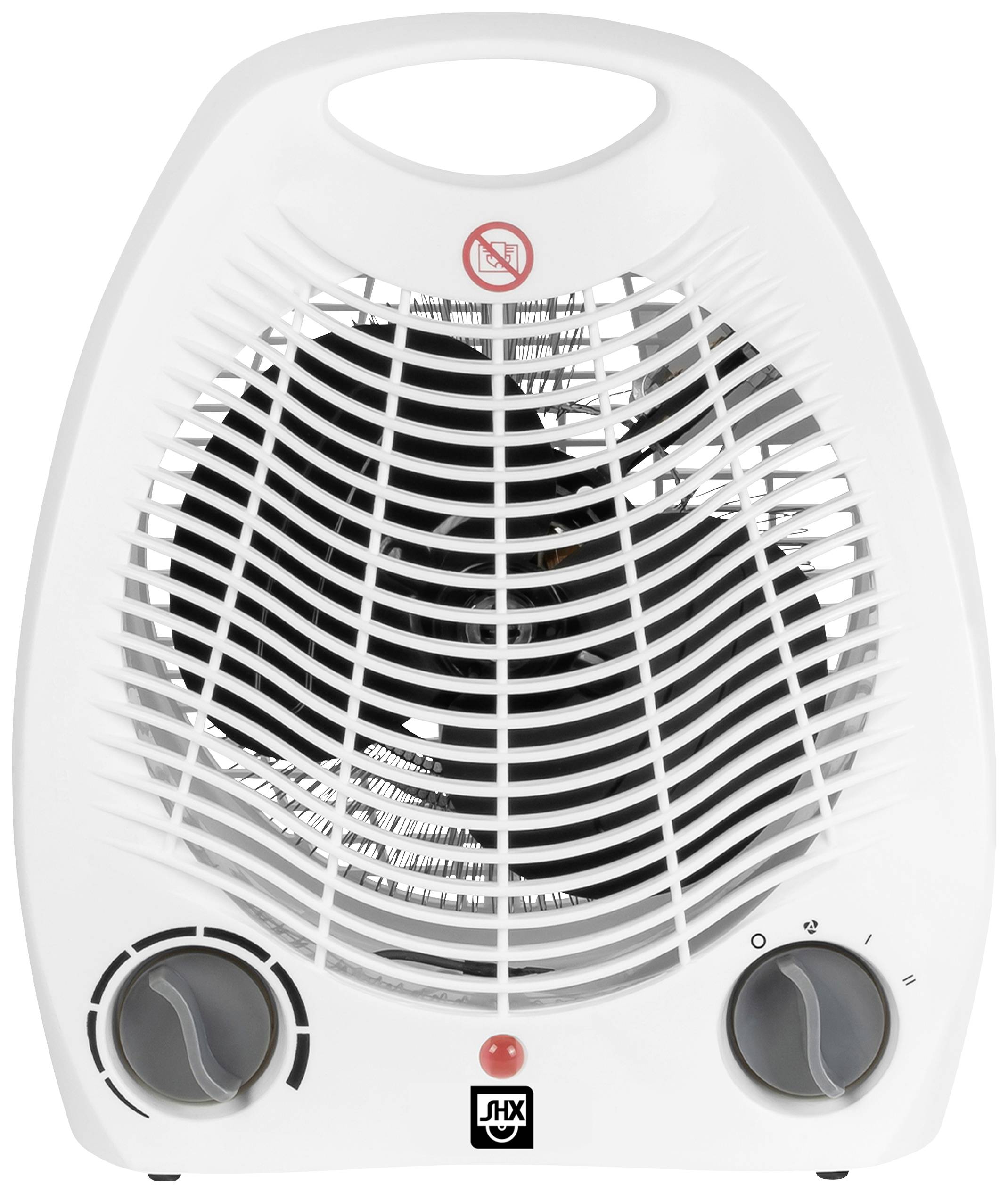 Un radiateur électrique blanc avec deux boutons rotatifs sur la façade et une grille de ventilation. Un symbole d'avertissement est visible en haut.