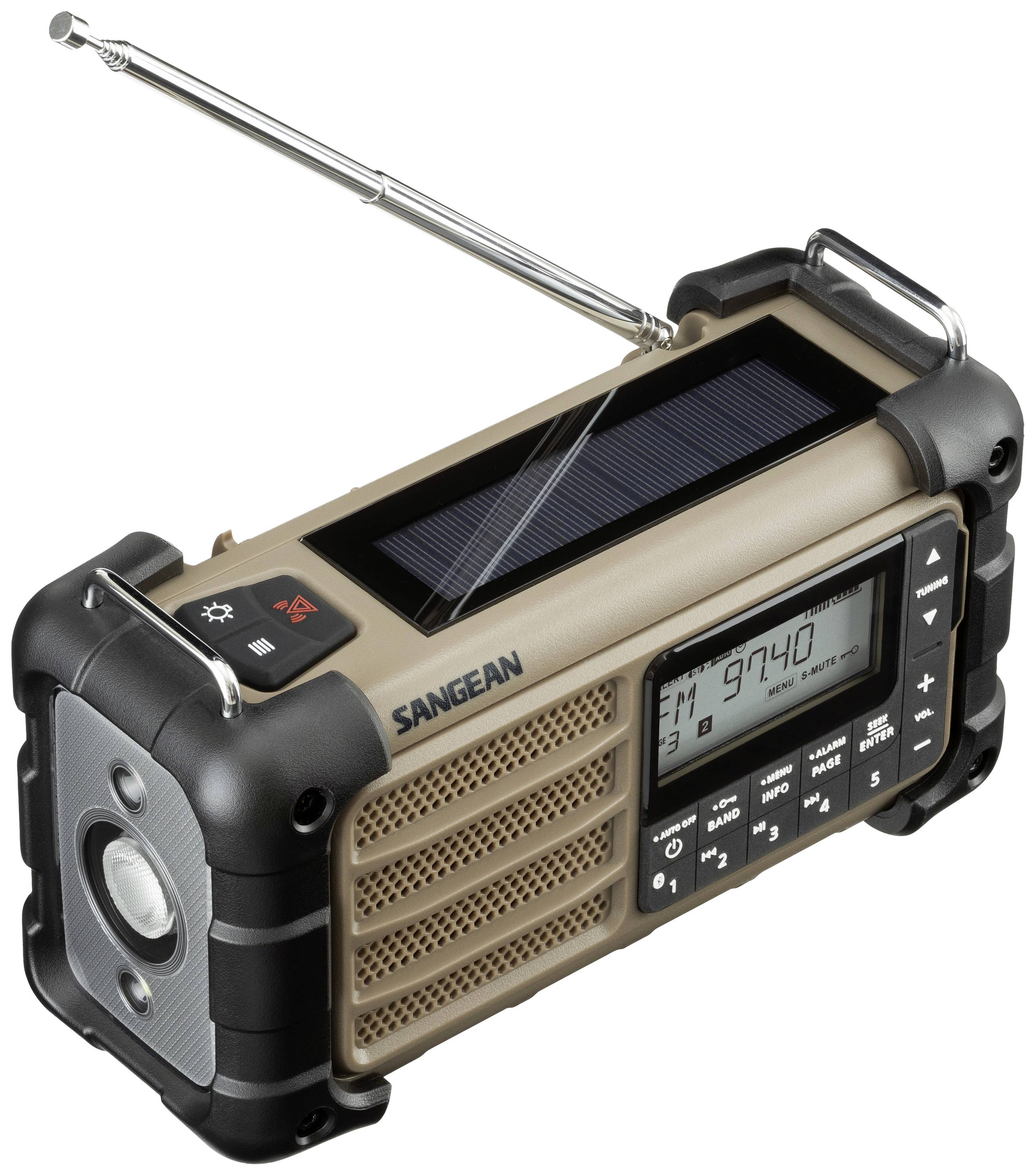 Radio portable avec panneau solaire et manivelle. L'affichage numérique indique la fréquence FM 97,4. Design résistant aux intempéries, couleurs marron et noir.