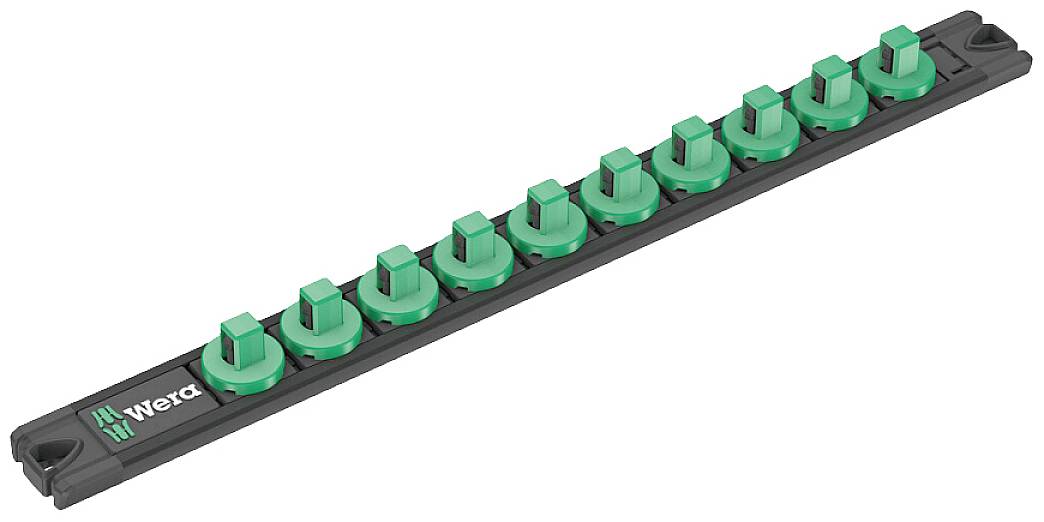 Dix embouts de clé à douille verts dans un support noir de Wera, conçus pour un rangement organisé et un accès rapide.