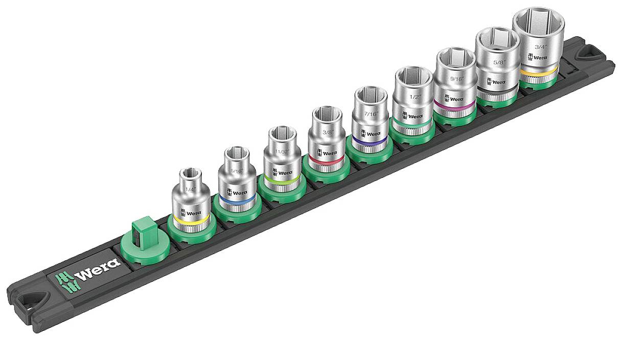 Dix douilles de différentes tailles sur un support avec des repères de couleur, logo de Wera sur le support.