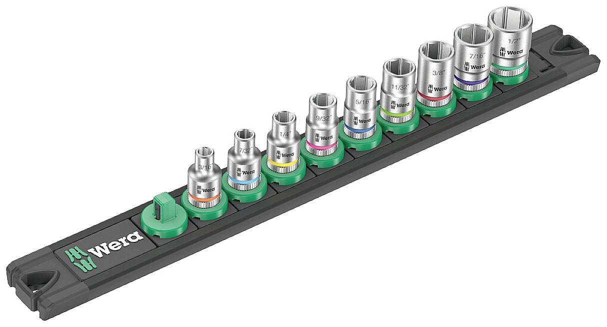 Coffret 'Wera Nusskasten' avec 10 douilles sur support, codées par couleur selon leur taille, pour différentes dimensions de têtes de vis.