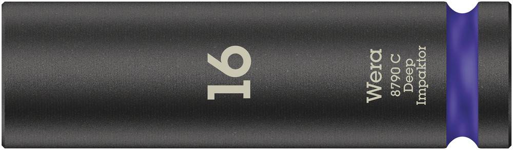 Douille longue noire Wera de 16 mm en impact, avec anneau violet et inscription 'Impaktor' pour des travaux de vissage robustes.