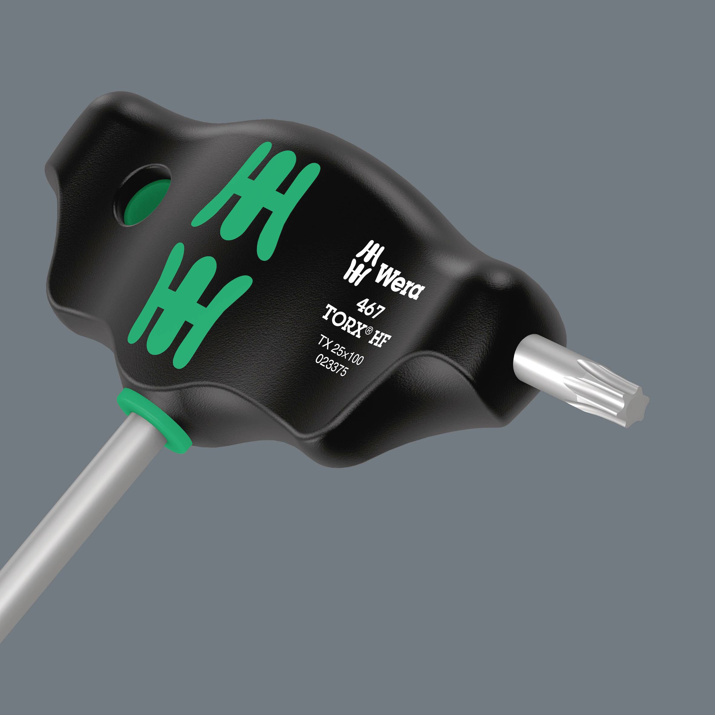 Tournevis Torx à poignée en T de Wera, modèle 'Torx HF TX 45 x 200'. Manche noir avec des accents verts, sur un fond gris.
