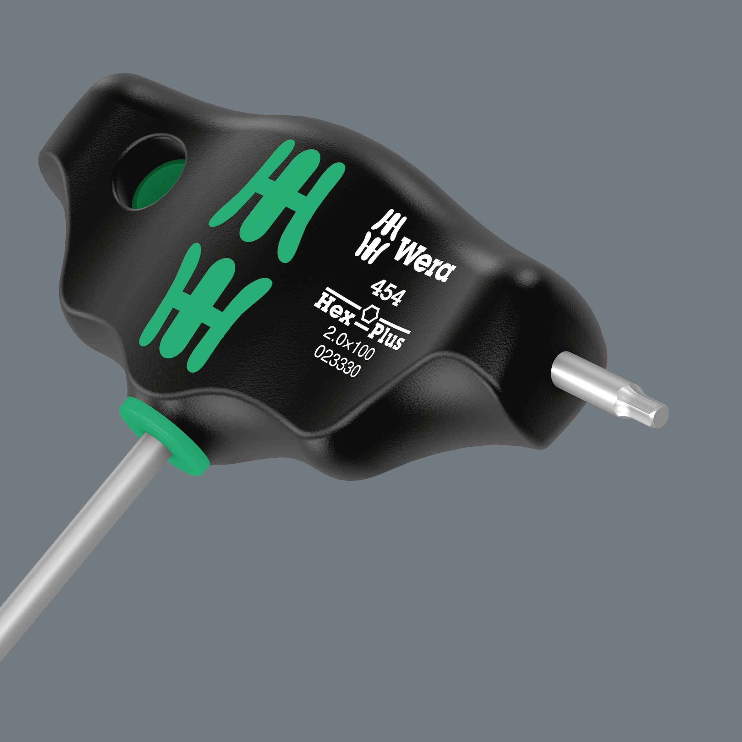 Une clé Allen en T de Wera, modèle Hex-Plus 454, avec logo vert. Un outil conçu pour des applications précises et ergonomiques.
