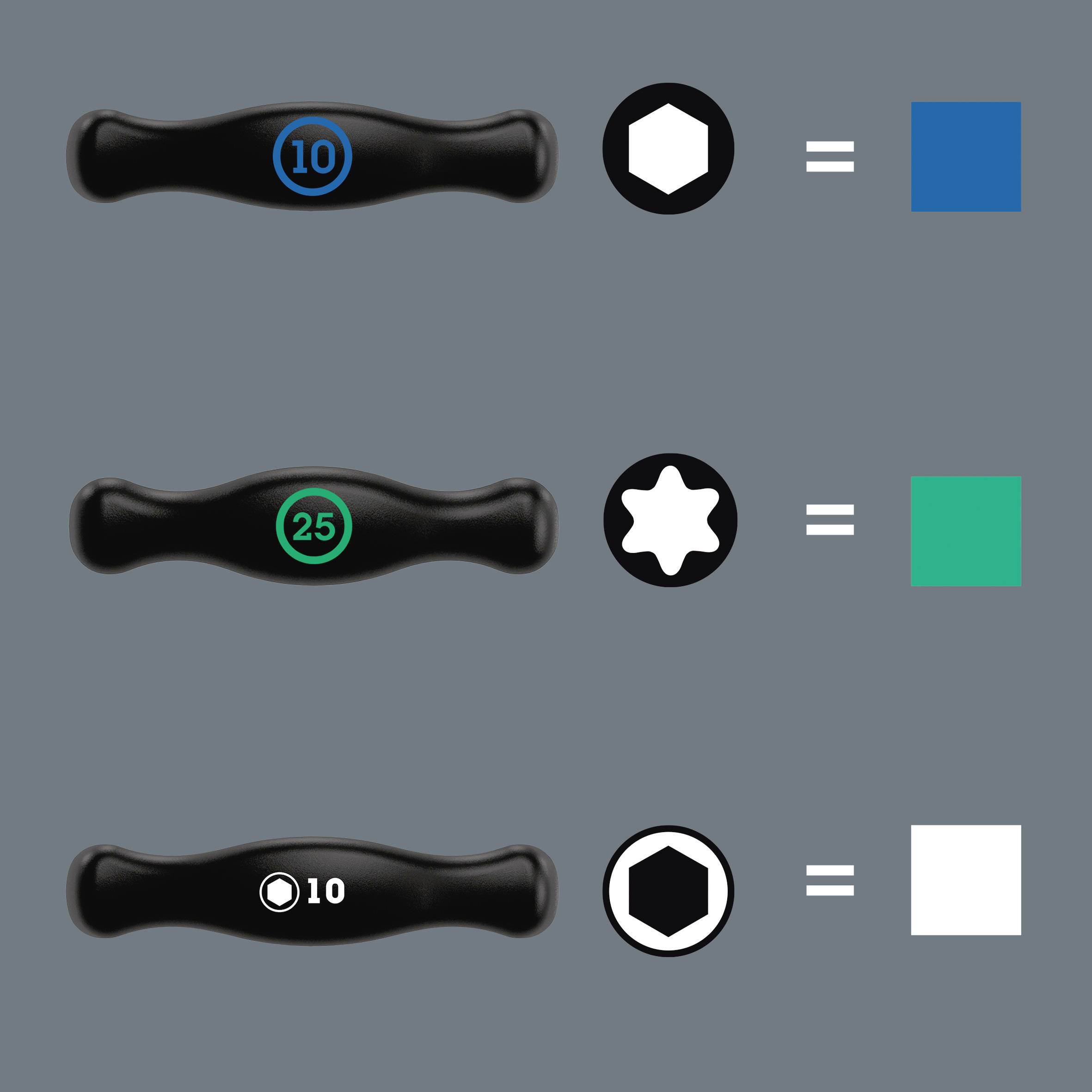 Trois formes noires avec des symboles bleus, verts et blancs et des chiffres ('10', '25', '10') alignés sur des carrés bleus, verts et blancs.