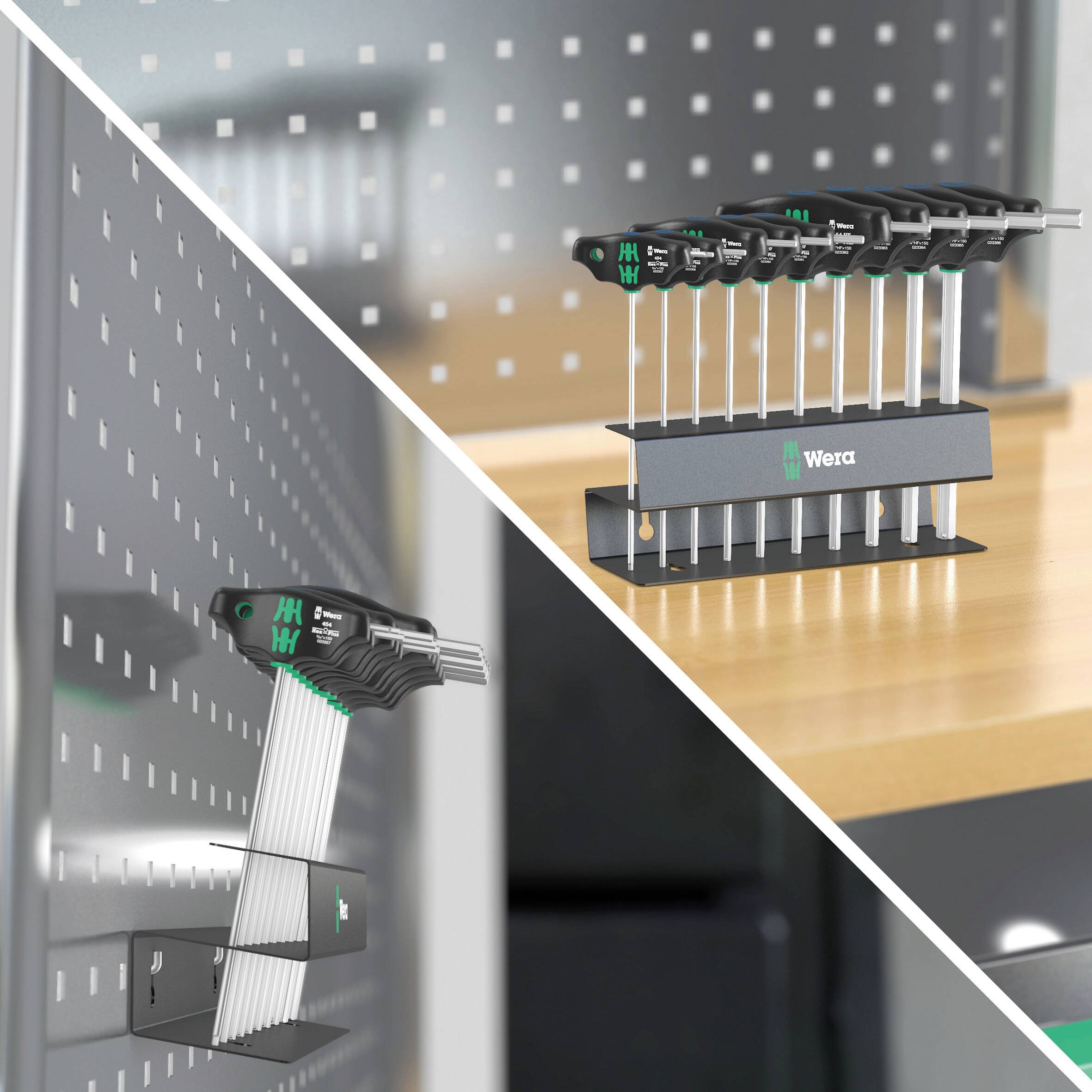 Clés Allen L avec support pour mur perforé. Solution de rangement pratique pour les outils dans un environnement d'atelier.