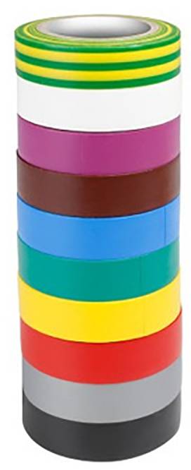 Une pile de rubans isolants de différentes couleurs : vert-jaune, noir, violet, marron, bleu, vert, jaune, blanc, gris, rouge, noir-gris.