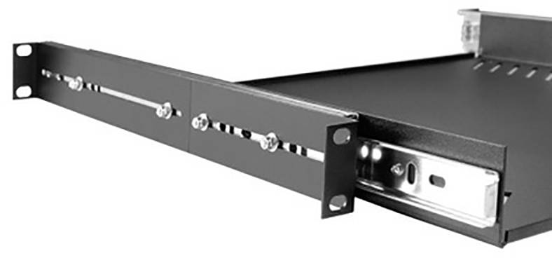 Plateau coulissant métallique pour rack, adapté au montage dans les armoires serveur, avec rails réglables en profondeur.