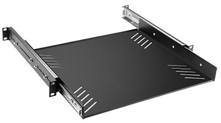 Une étagère coulissante noire avec des fentes de ventilation pour baies serveur, conçue pour l'installation dans un système de rack informatique.