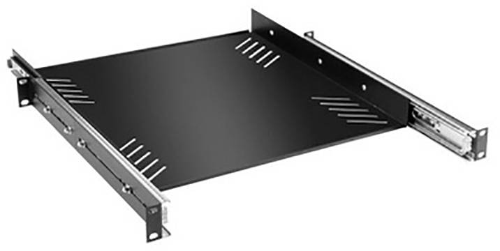 Étagère extractible noire pour armoires serveur, équipée de rails de guidage latéraux et de fentes de ventilation pour une meilleure circulation de l'air.