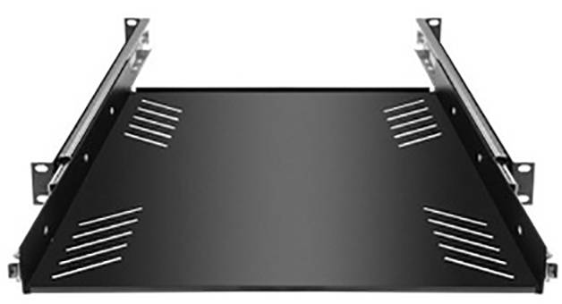 Étagère métallique noire rectangulaire avec des fixations latérales, adaptée au montage dans un rack serveur ou une étagère.