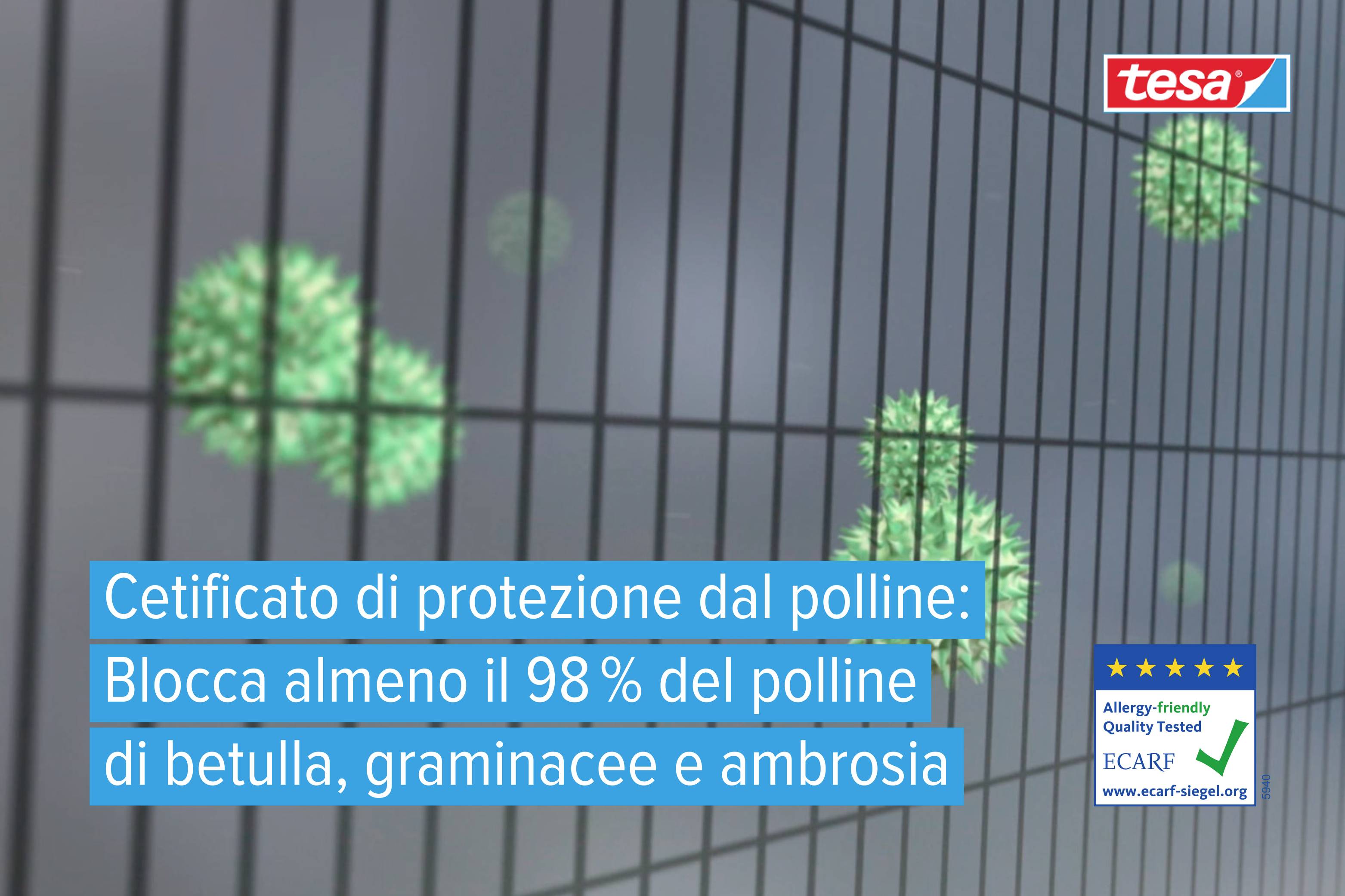 Un filet à mailles serrées bloque le pollen. Texte sur le graphique : 'Protection certifiée, bloque 98% des pollens de bouleau, de graminées et d'herbe à poux'.