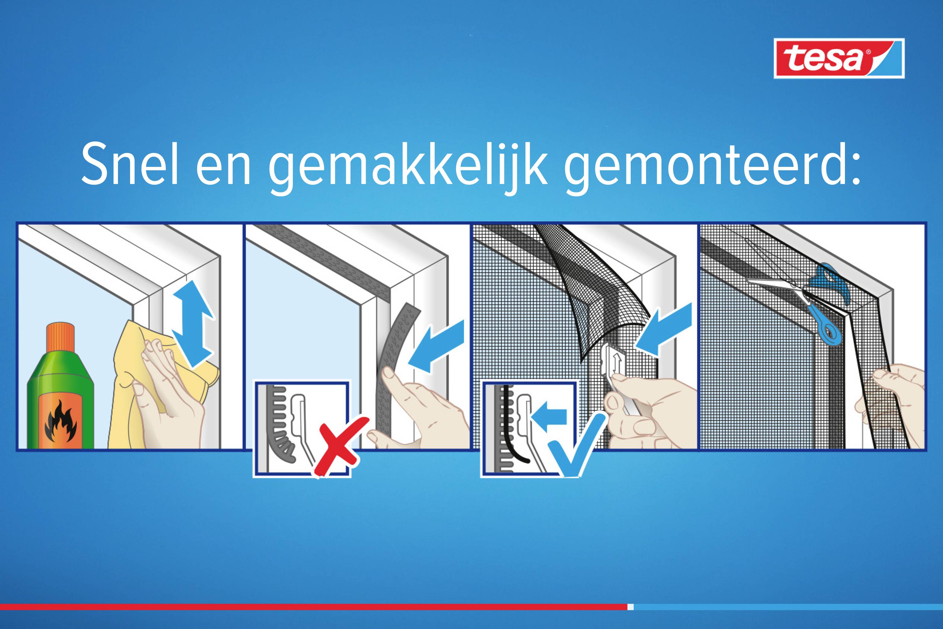 Un diagramme en quatre étapes montre l'installation d'un grillage anti-insectes sur une fenêtre : nettoyer, fixer, ajuster et couper.