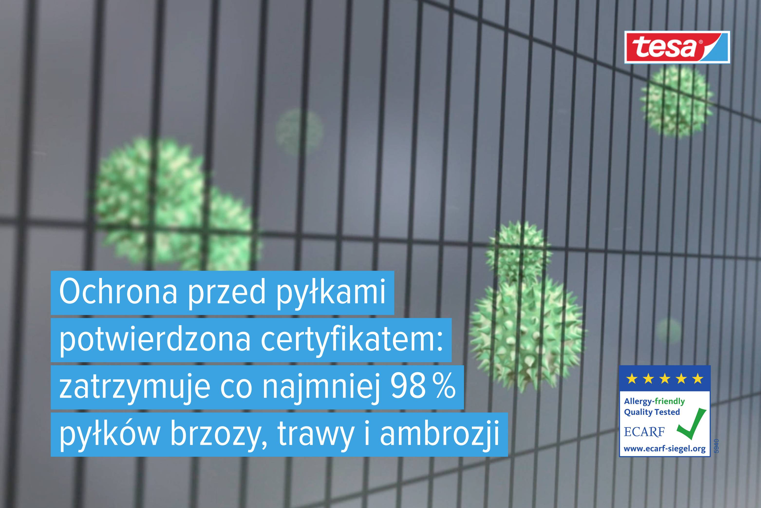 Une structure de réseau avec du pollen verdâtre ; texte sur l'image : 'Protection certifiée contre le pollen, arrête au moins 98 % des pollens de bouleau, de graminées et d'herbe à poux'.