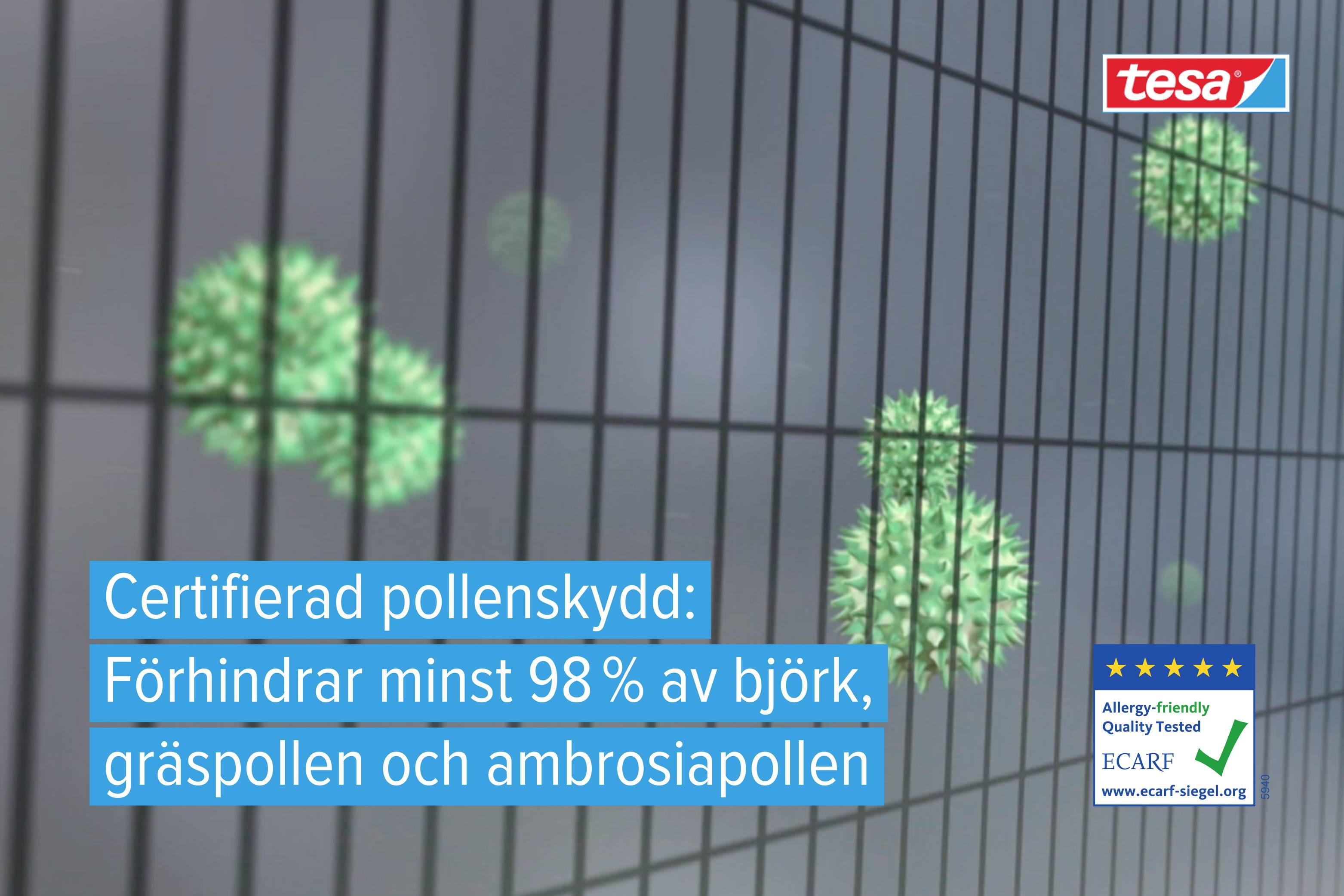 Réseau de pollen vert avec le texte 'Protection certifiée contre le pollen : Bloque au minimum 98 % des pollens de bouleau, de graminées et d'herbe à poux'.